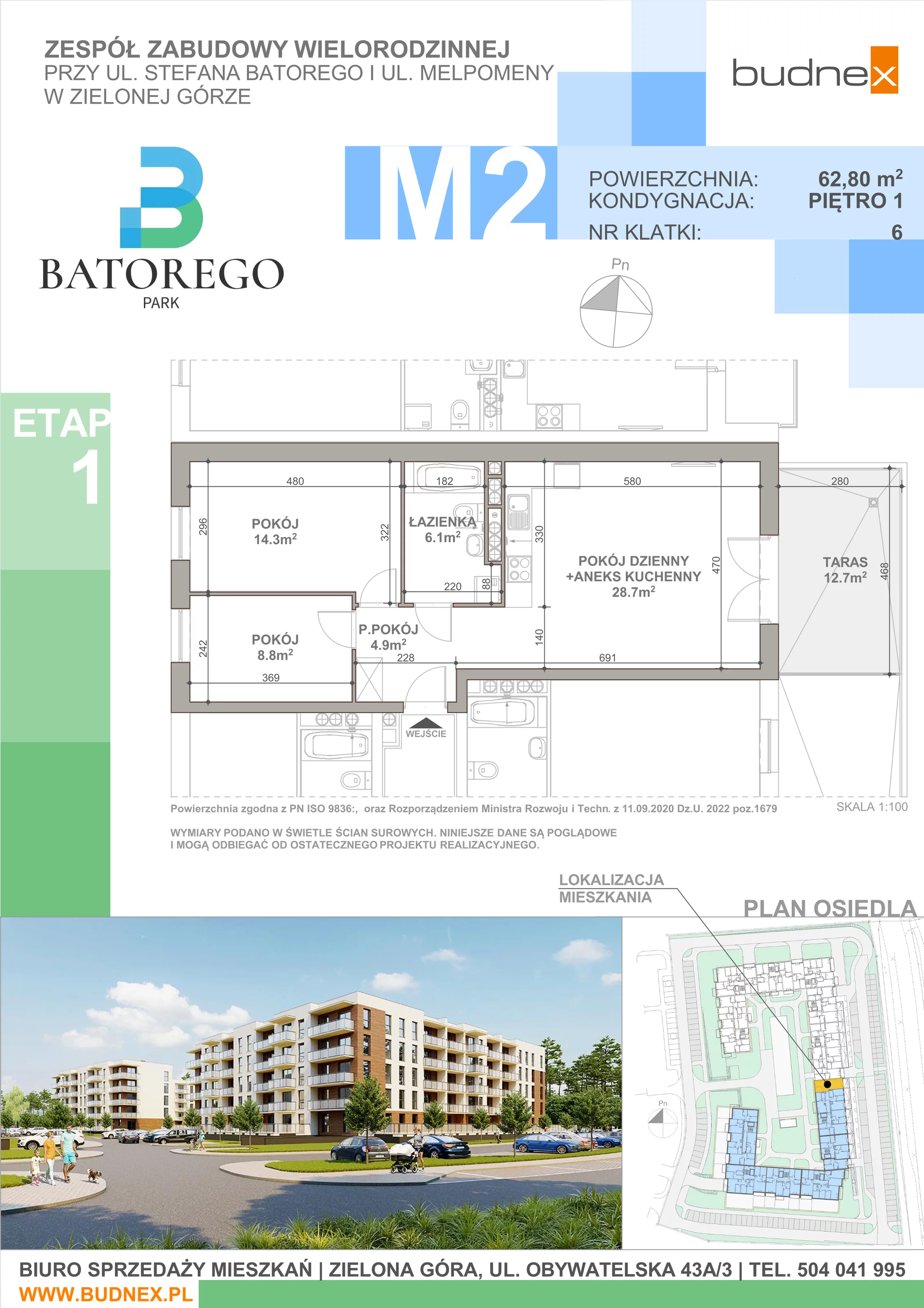 3 pokoje, mieszkanie 62,80 m², piętro 1, oferta nr 6/M2, Batorego Park - Etap 1, Zielona Góra, Osiedle na Olimpie, ul. Stefana Batorego