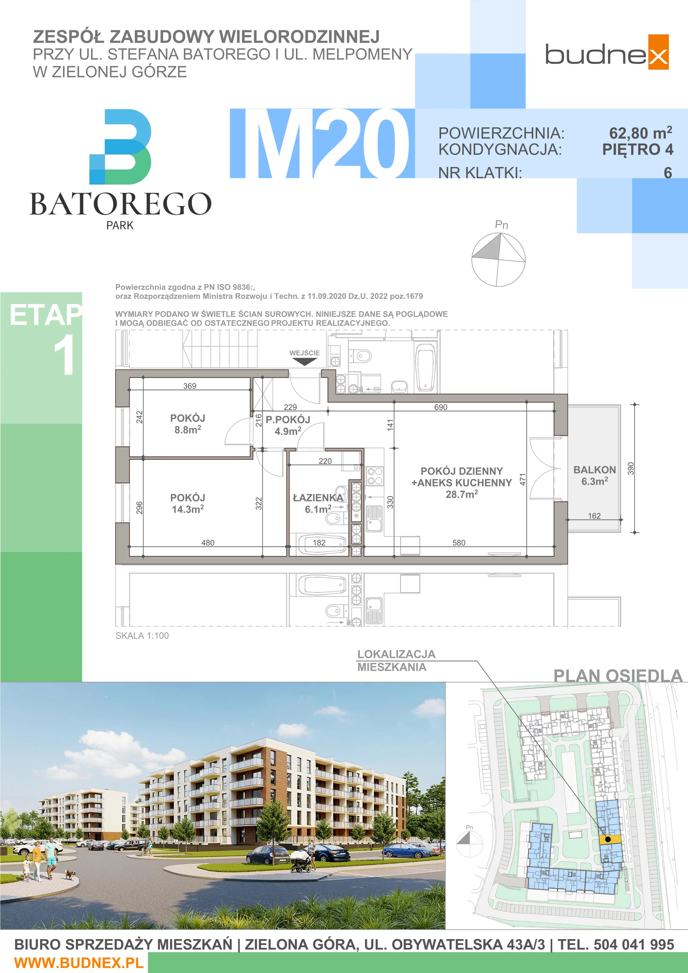 3 pokoje, mieszkanie 62,80 m², piętro 4, oferta nr 6/M20, Batorego Park - Etap 1, Zielona Góra, Osiedle na Olimpie, ul. Stefana Batorego