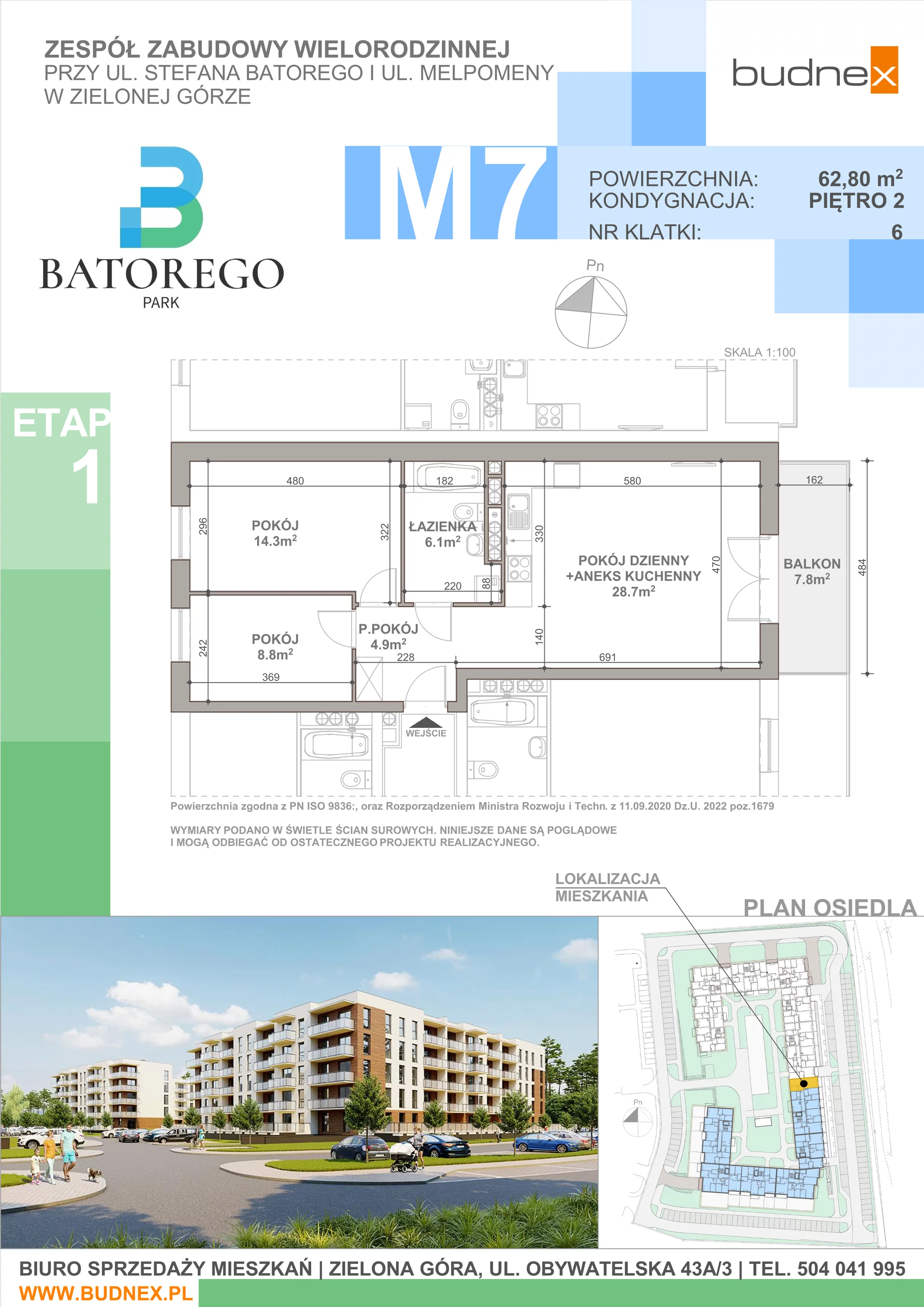3 pokoje, mieszkanie 62,80 m², piętro 2, oferta nr 6/M7, Batorego Park - Etap 1, Zielona Góra, Osiedle na Olimpie, ul. Stefana Batorego