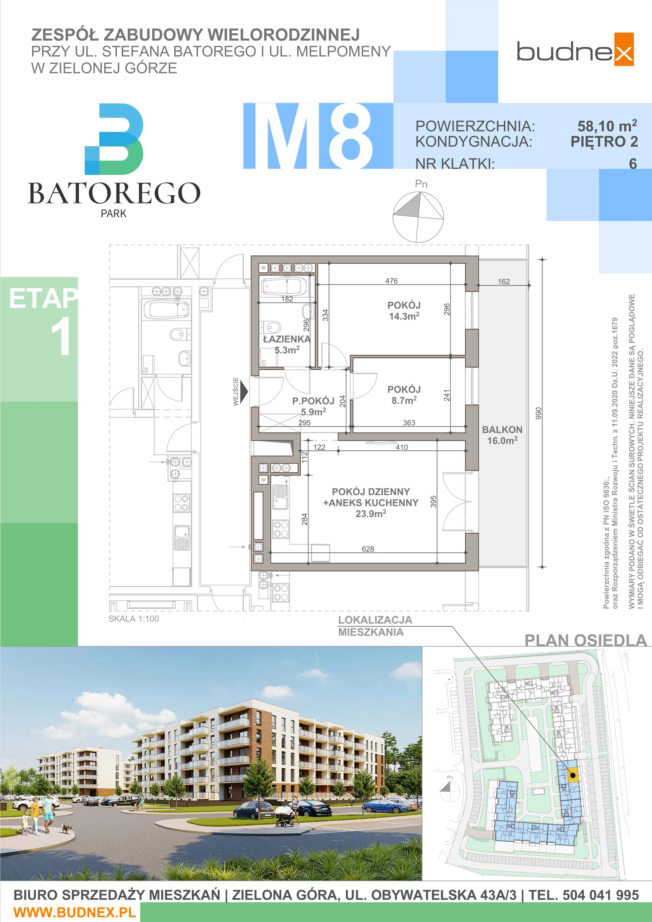 3 pokoje, mieszkanie 58,10 m², piętro 2, oferta nr 6/M8, Batorego Park - Etap 1, Zielona Góra, Osiedle na Olimpie, ul. Stefana Batorego