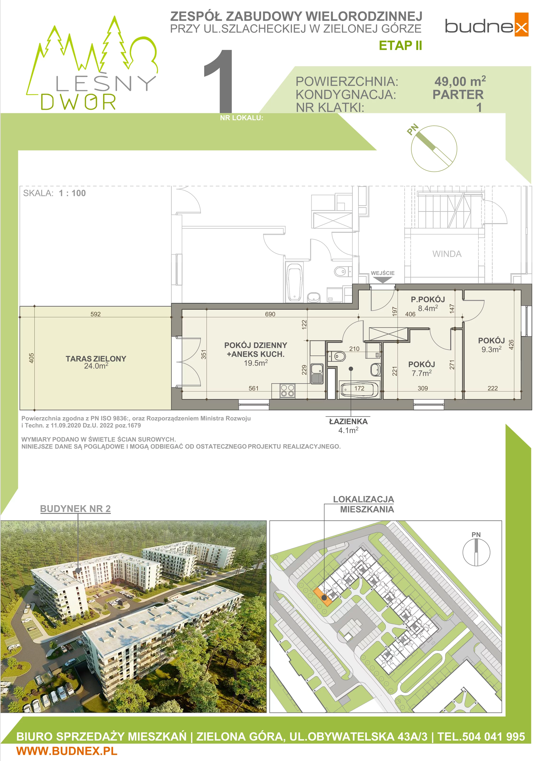 3 pokoje, mieszkanie 49,00 m², parter, oferta nr 1/M1, Leśny Dwór Etap 2, Zielona Góra, Osiedle Leśny Dwór, ul. Szlachecka