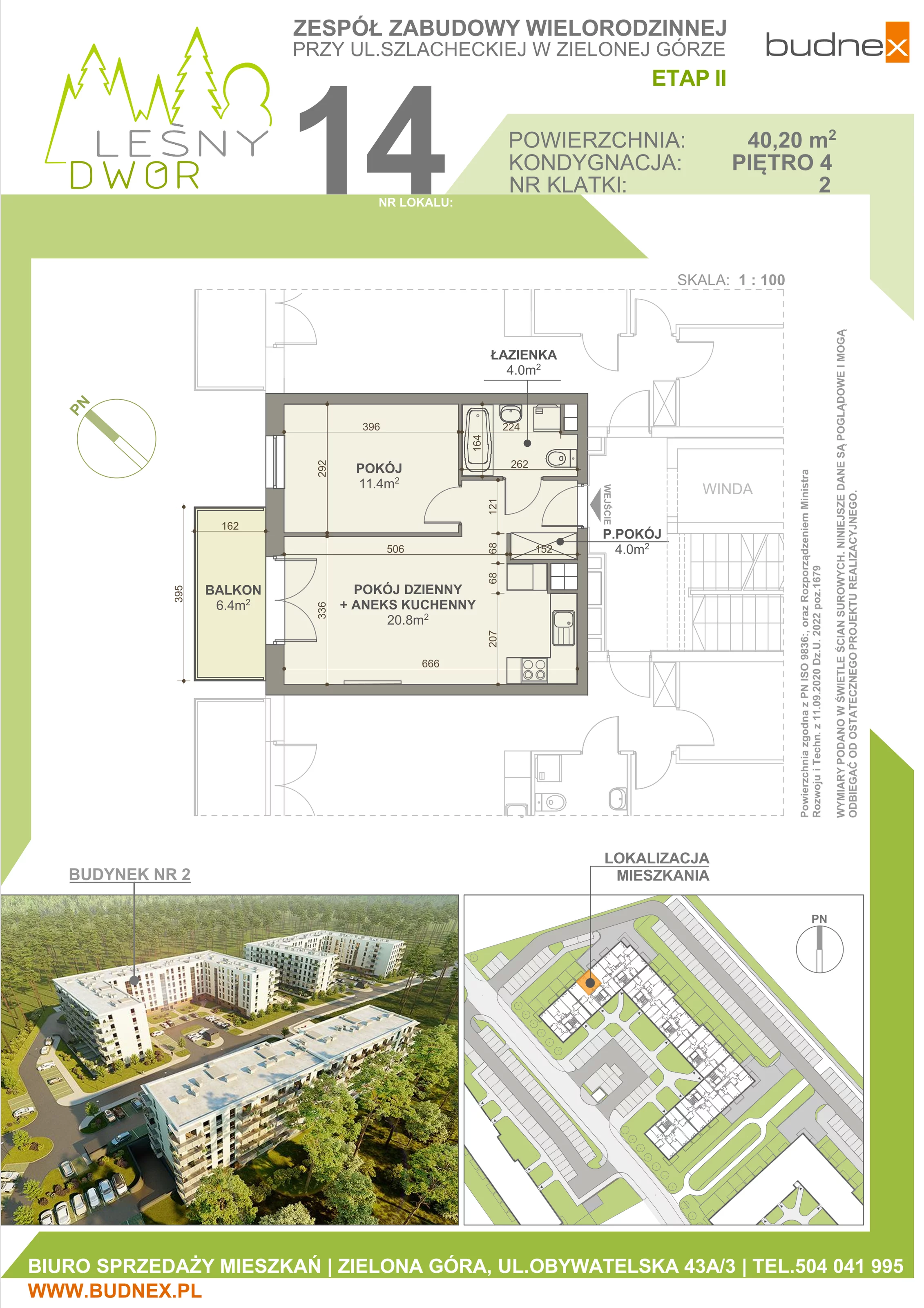 3 pokoje, mieszkanie 40,20 m², parter, oferta nr 2/M14, Leśny Dwór Etap 2, Zielona Góra, Osiedle Leśny Dwór, ul. Szlachecka