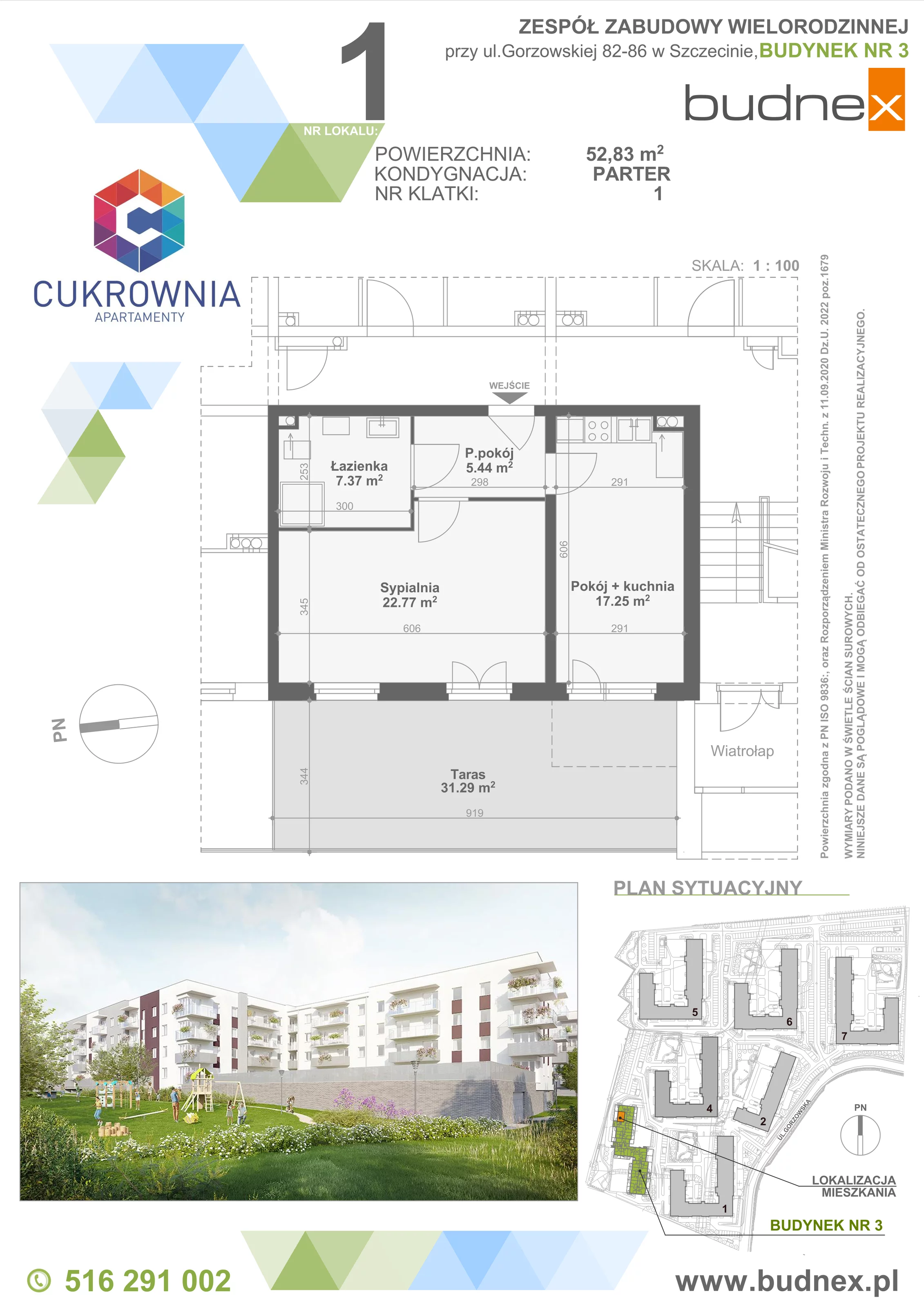 2 pokoje, mieszkanie 52,83 m², parter, oferta nr 1/M1, Cukrownia Apartamenty - Etap IV, Szczecin, Zachód, Gumieńce, ul. Floriana Krygiera