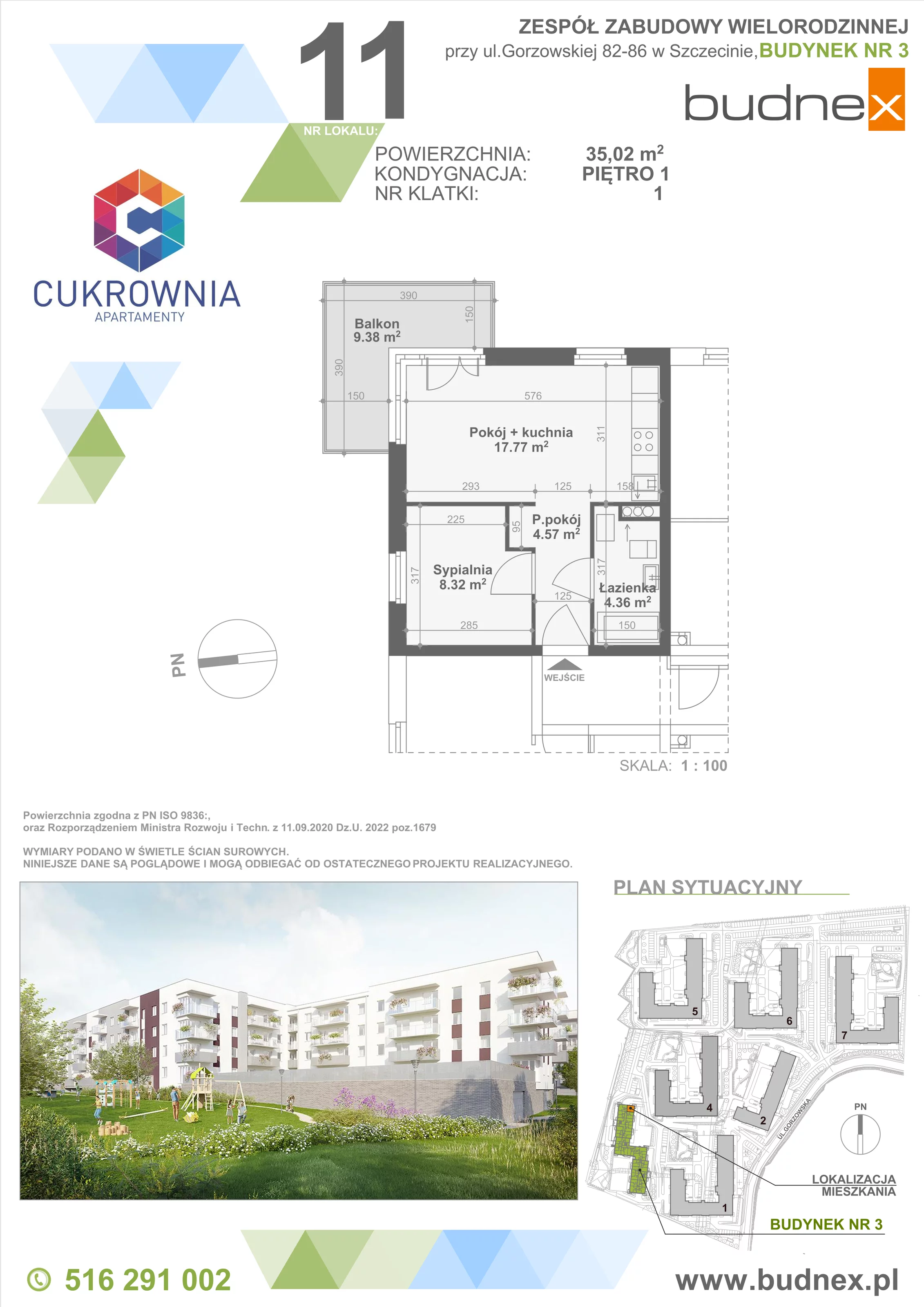 Mieszkanie 35,02 m², piętro 1, oferta nr 1/M11, Cukrownia Apartamenty - Etap IV, Szczecin, Zachód, Gumieńce, ul. Floriana Krygiera