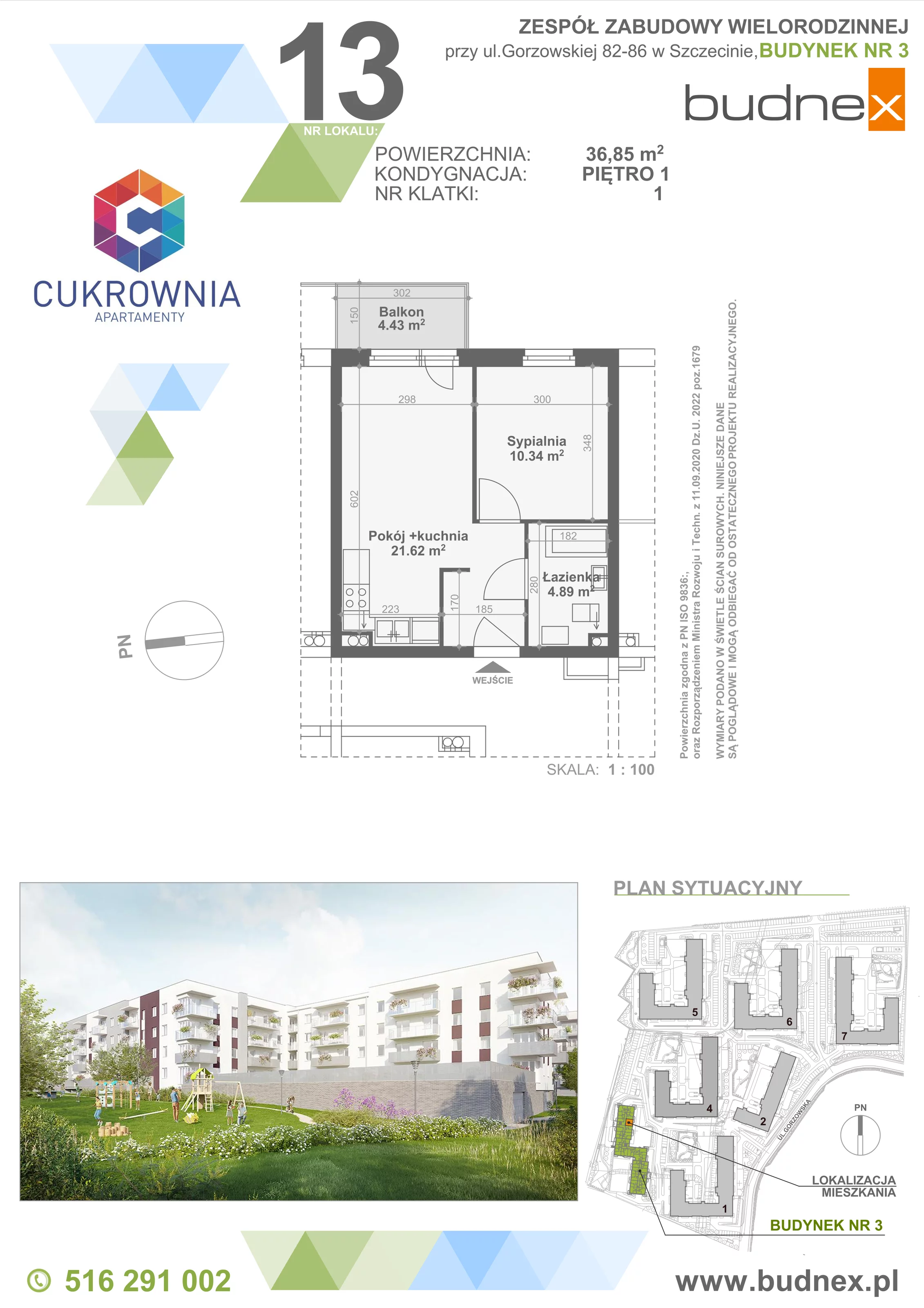 2 pokoje, mieszkanie 36,85 m², piętro 1, oferta nr 1/M13, Cukrownia Apartamenty - Etap IV, Szczecin, Zachód, Gumieńce, ul. Floriana Krygiera