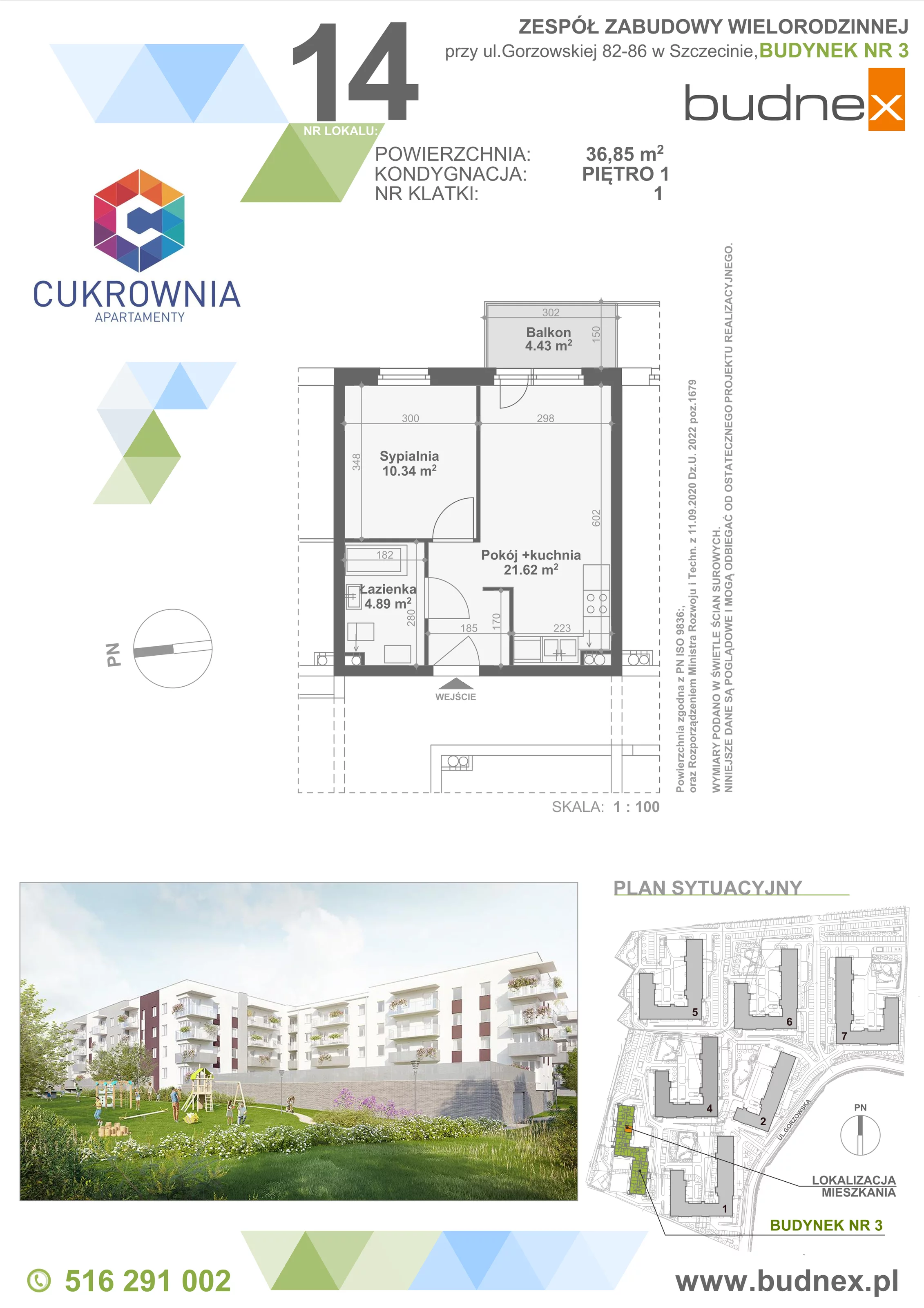 2 pokoje, mieszkanie 36,85 m², piętro 1, oferta nr 1/M14, Cukrownia Apartamenty - Etap IV, Szczecin, Zachód, Gumieńce, ul. Floriana Krygiera