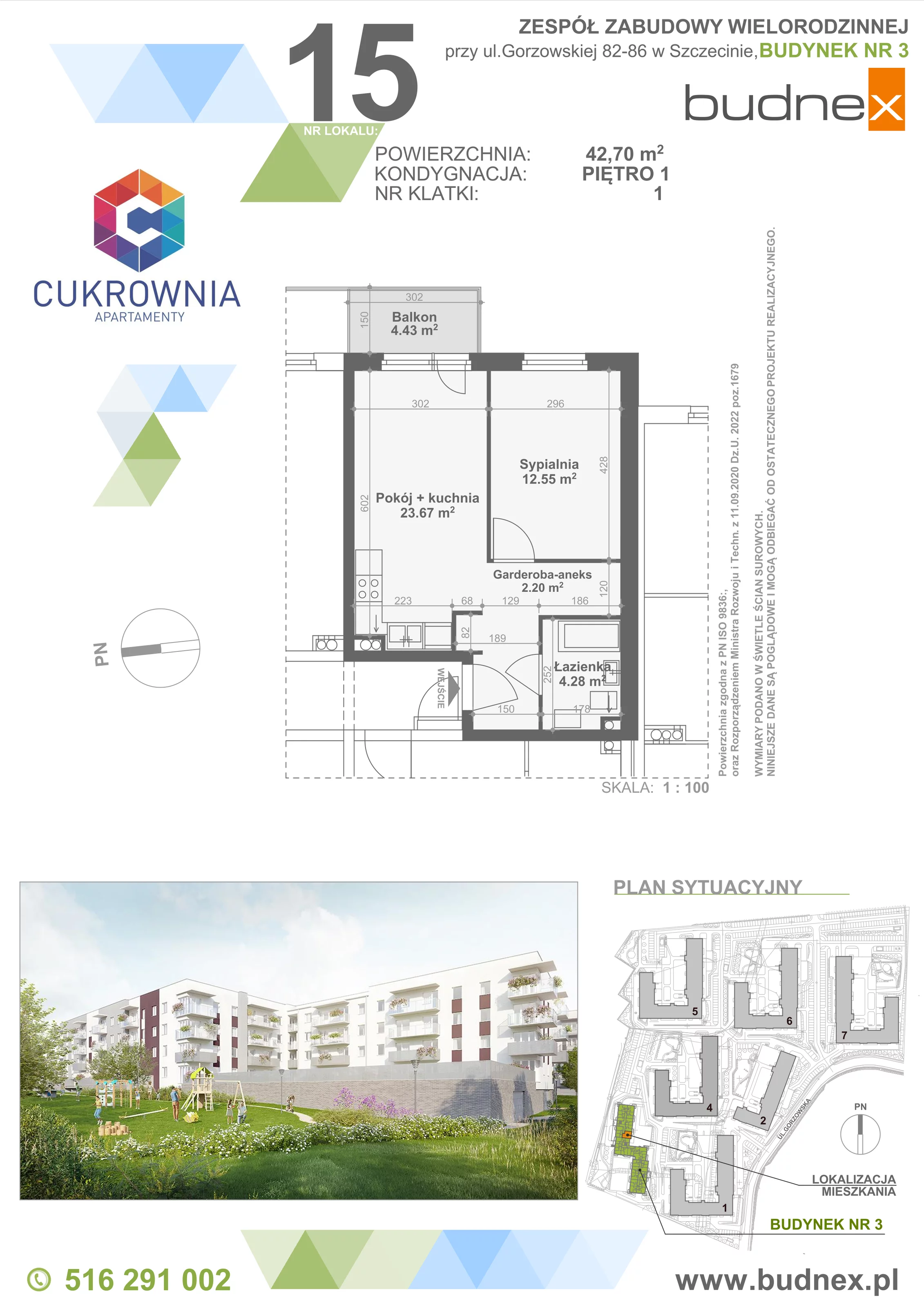 2 pokoje, mieszkanie 42,70 m², piętro 1, oferta nr 1/M15, Cukrownia Apartamenty - Etap IV, Szczecin, Zachód, Gumieńce, ul. Floriana Krygiera