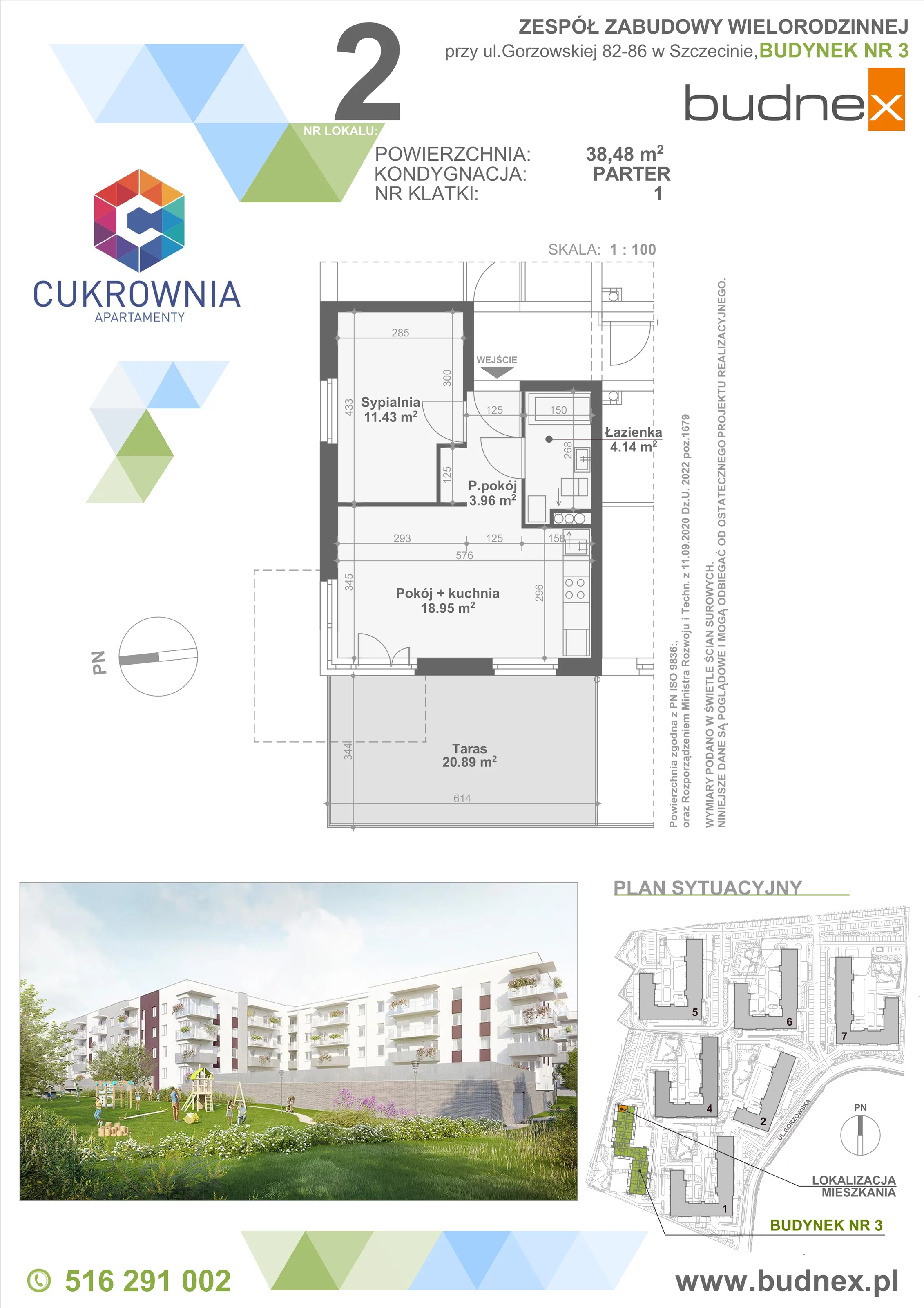 2 pokoje, mieszkanie 38,48 m², parter, oferta nr 1/M2, Cukrownia Apartamenty - Etap IV, Szczecin, Zachód, Gumieńce, ul. Floriana Krygiera