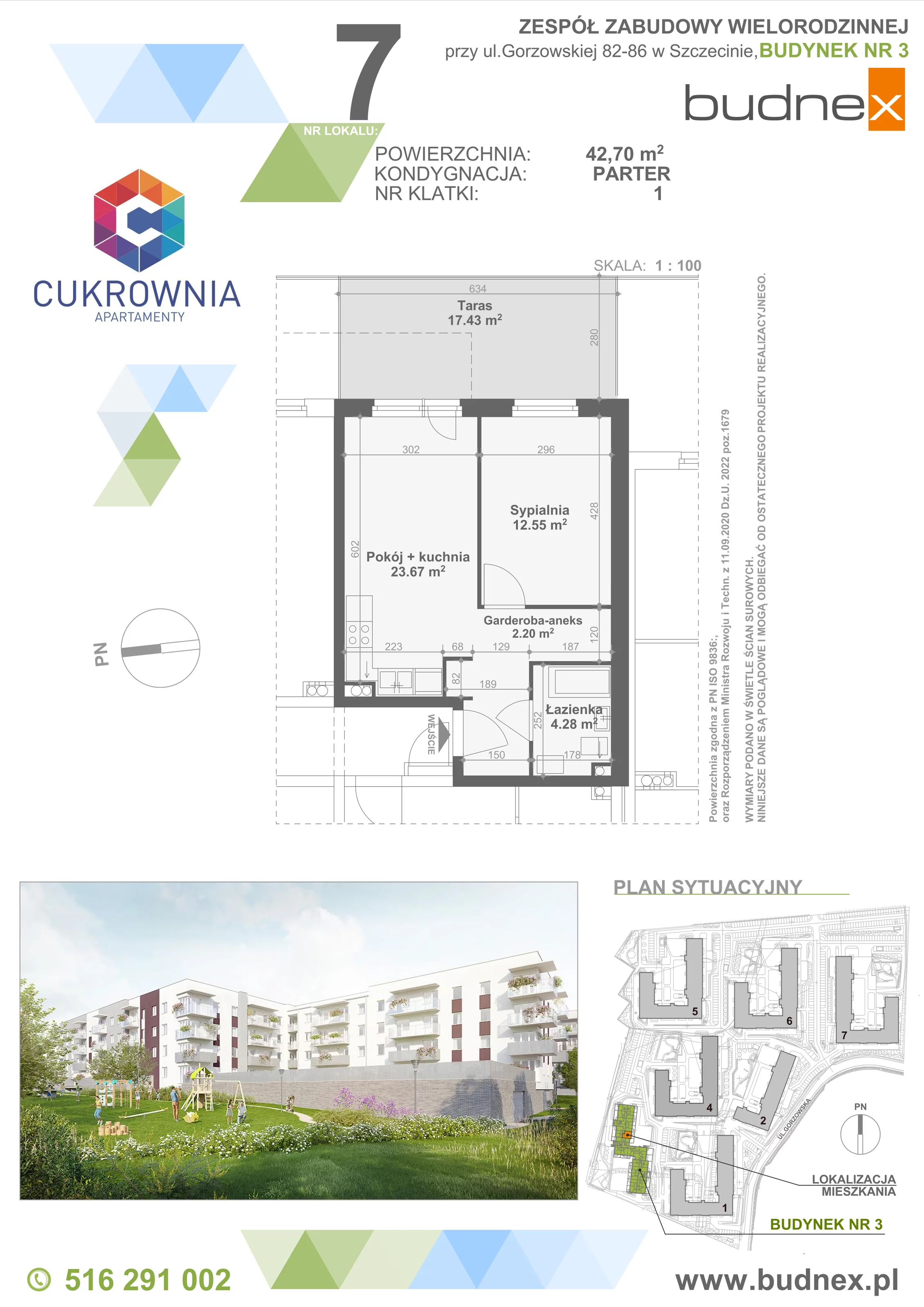 2 pokoje, mieszkanie 42,70 m², parter, oferta nr 1/M7, Cukrownia Apartamenty - Etap IV, Szczecin, Zachód, Gumieńce, ul. Floriana Krygiera