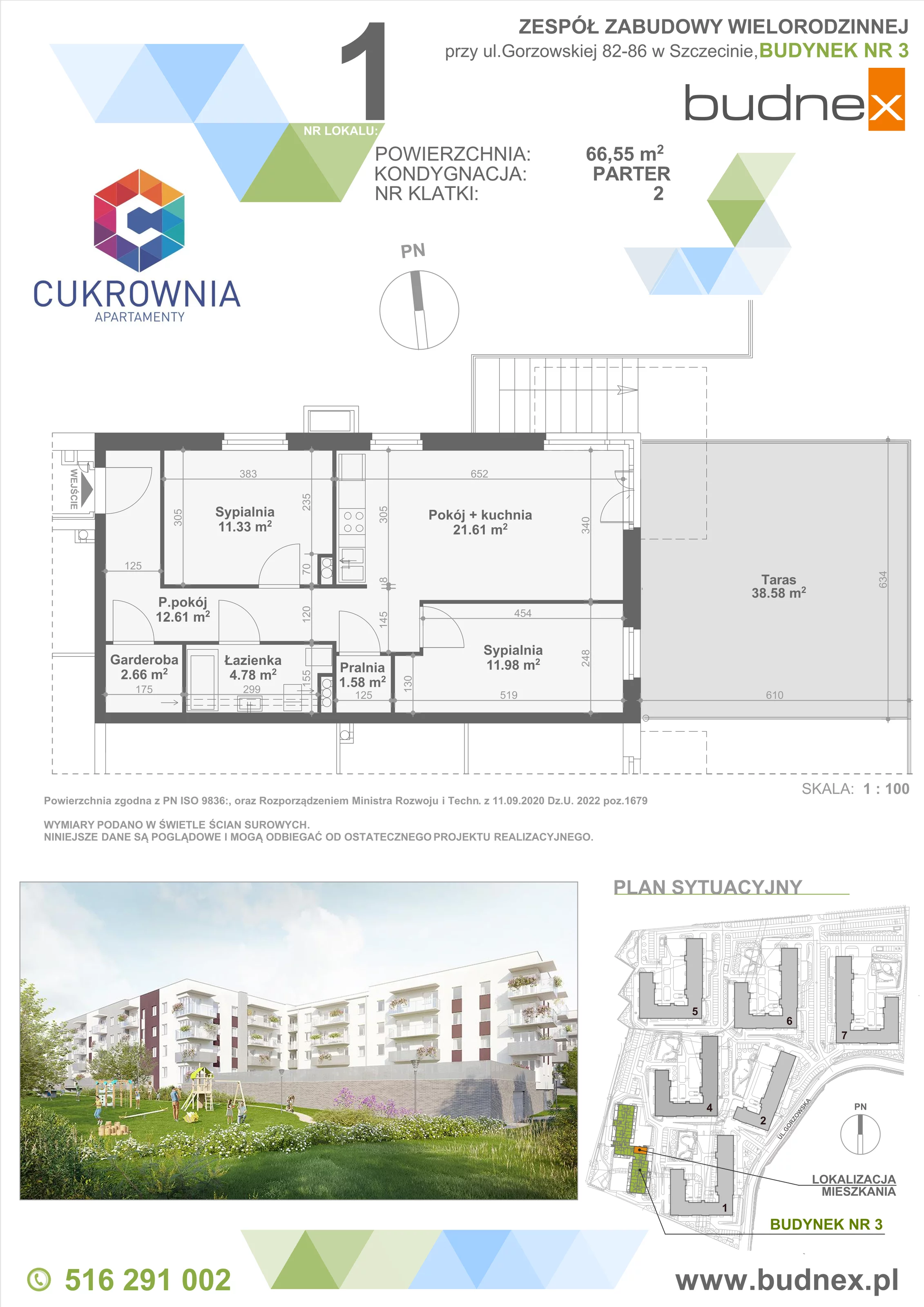 3 pokoje, mieszkanie 66,55 m², parter, oferta nr 2/M1, Cukrownia Apartamenty - Etap IV, Szczecin, Zachód, Gumieńce, ul. Floriana Krygiera