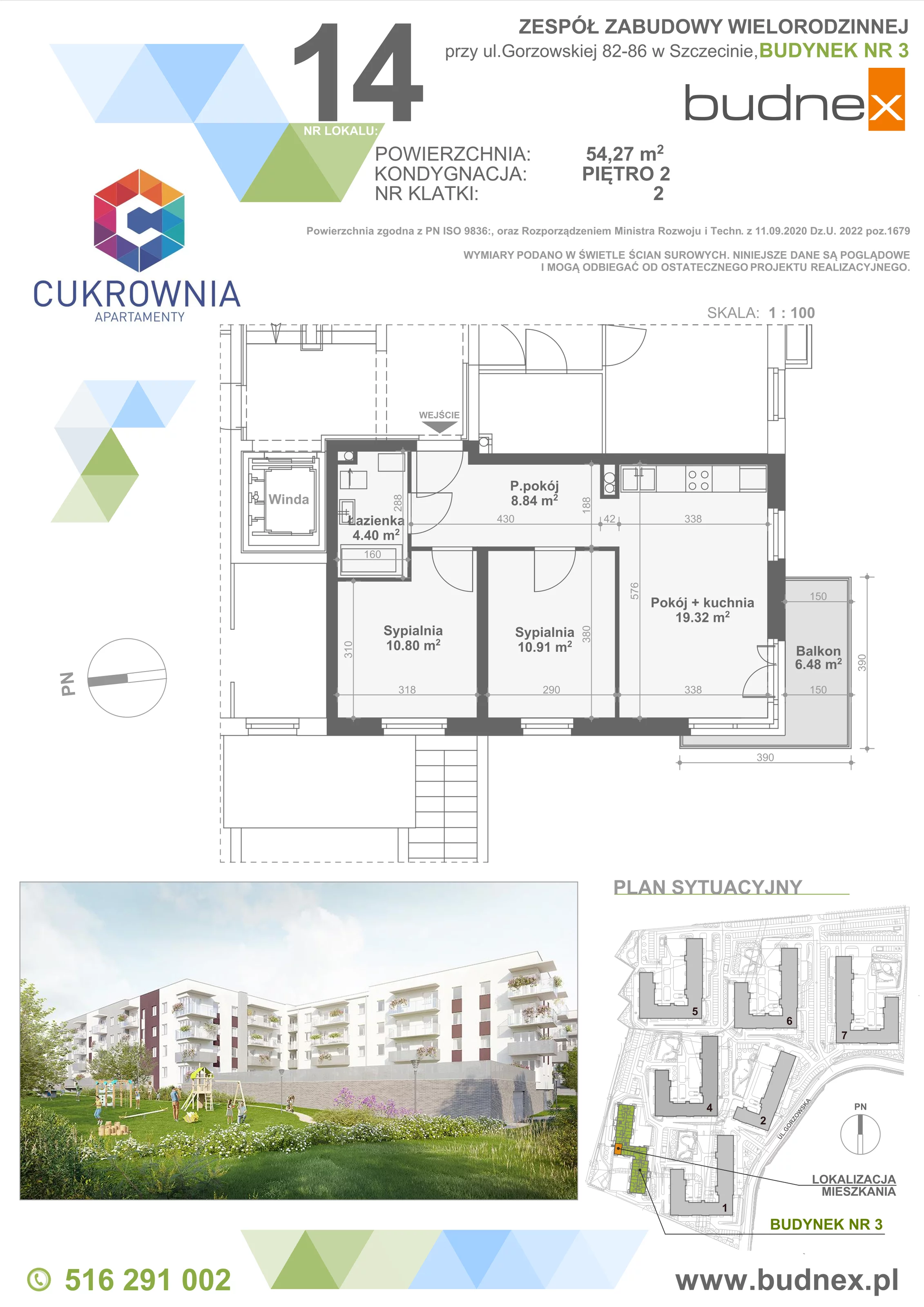 3 pokoje, mieszkanie 54,27 m², piętro 2, oferta nr 2/M14, Cukrownia Apartamenty - Etap IV, Szczecin, Zachód, Gumieńce, ul. Floriana Krygiera