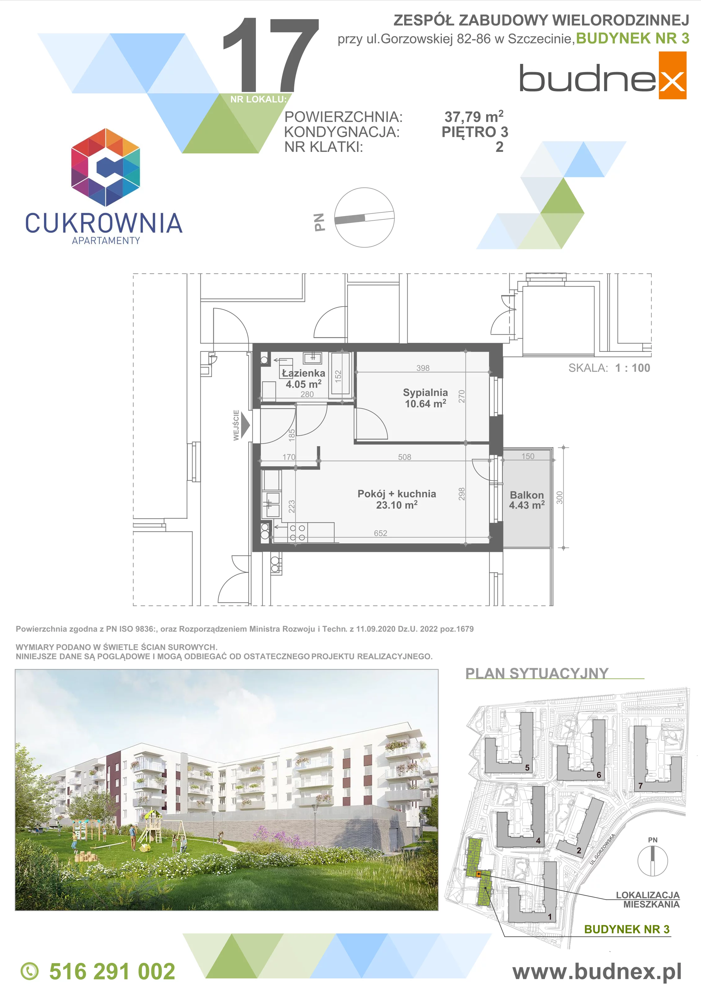 2 pokoje, mieszkanie 37,79 m², piętro 3, oferta nr 2/M17, Cukrownia Apartamenty - Etap IV, Szczecin, Zachód, Gumieńce, ul. Floriana Krygiera