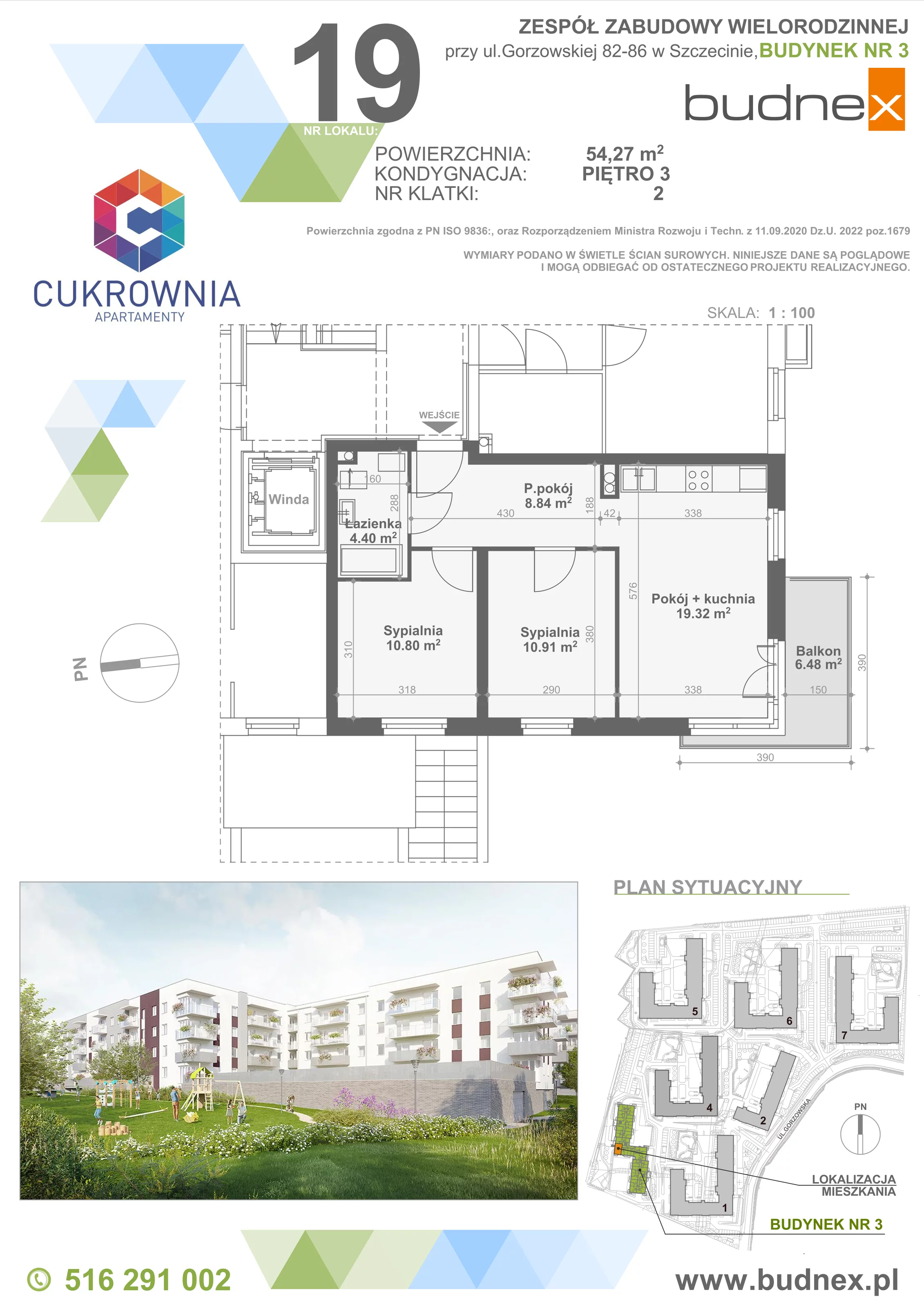 3 pokoje, mieszkanie 54,27 m², piętro 3, oferta nr 2/M19, Cukrownia Apartamenty - Etap IV, Szczecin, Zachód, Gumieńce, ul. Floriana Krygiera