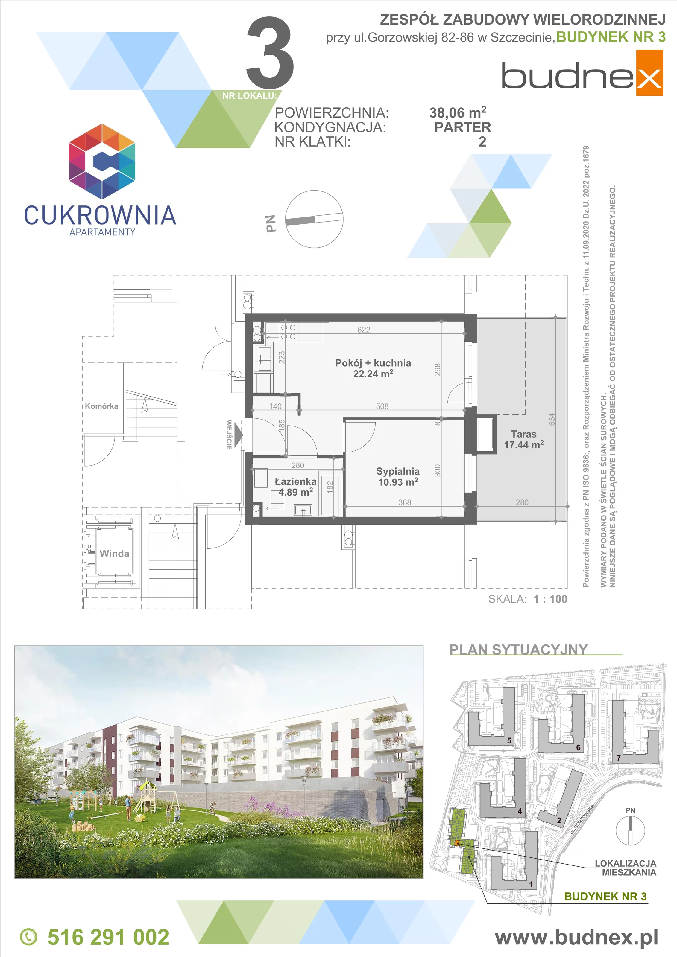 2 pokoje, mieszkanie 38,06 m², parter, oferta nr 2/M3, Cukrownia Apartamenty - Etap IV, Szczecin, Zachód, Gumieńce, ul. Floriana Krygiera