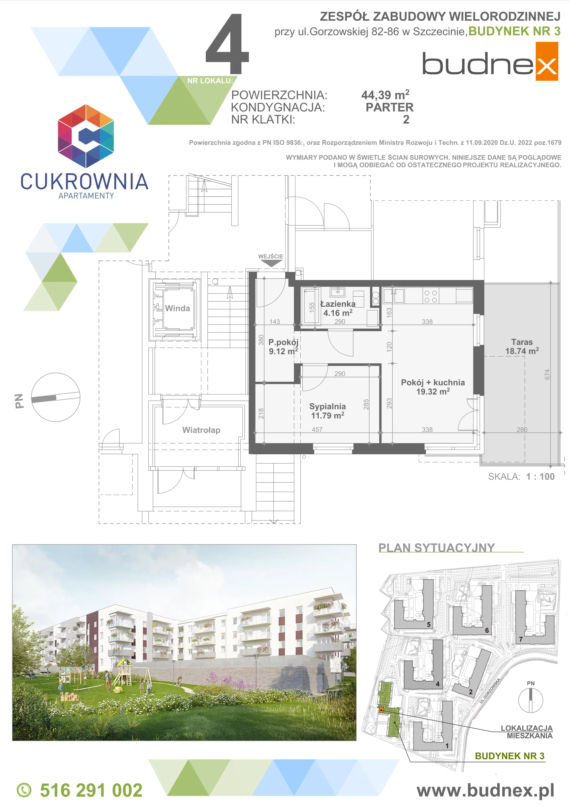 2 pokoje, mieszkanie 44,39 m², parter, oferta nr 2/M4, Cukrownia Apartamenty - Etap IV, Szczecin, Zachód, Gumieńce, ul. Floriana Krygiera