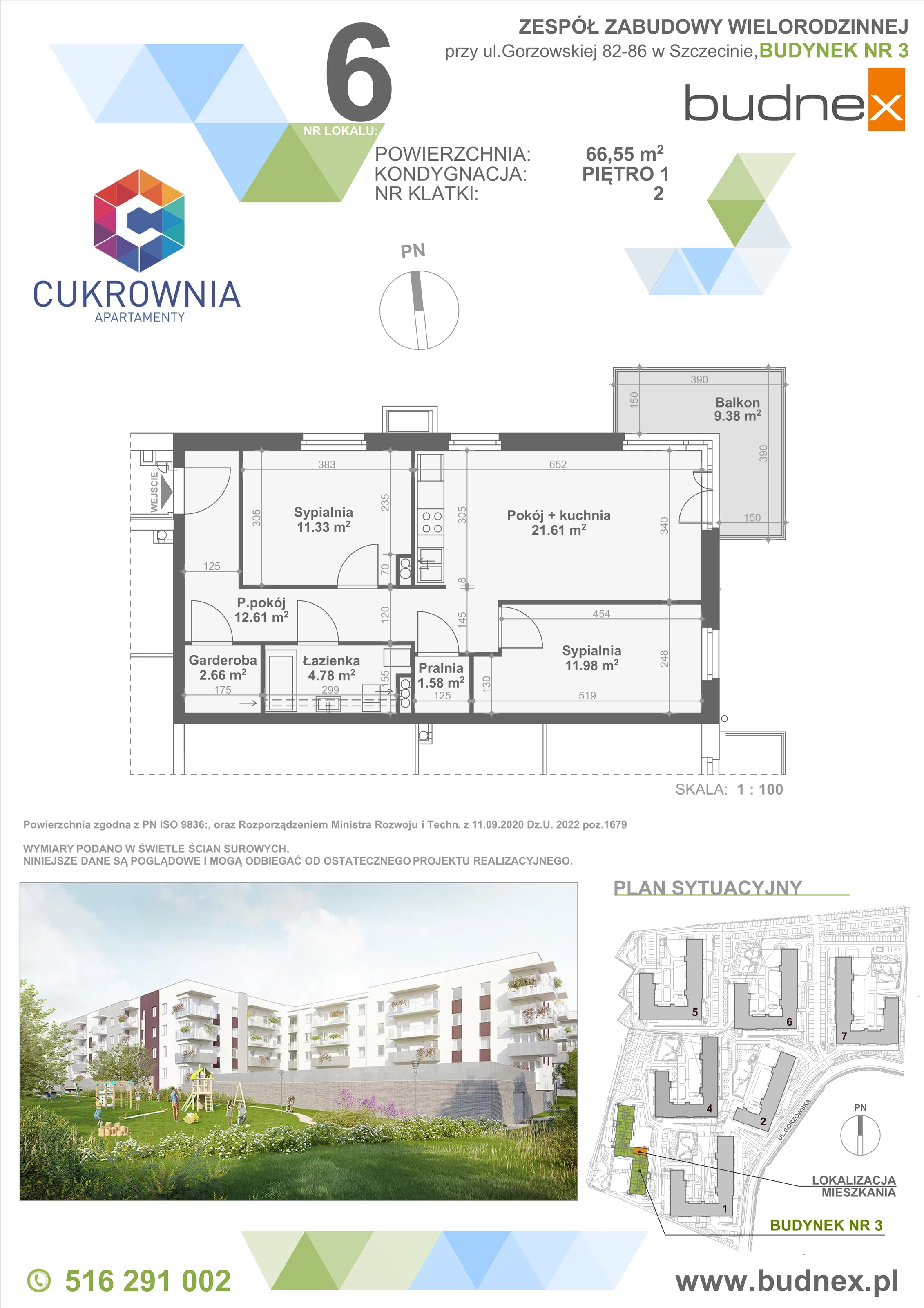 3 pokoje, mieszkanie 66,55 m², piętro 1, oferta nr 2/M6, Cukrownia Apartamenty - Etap IV, Szczecin, Zachód, Gumieńce, ul. Floriana Krygiera