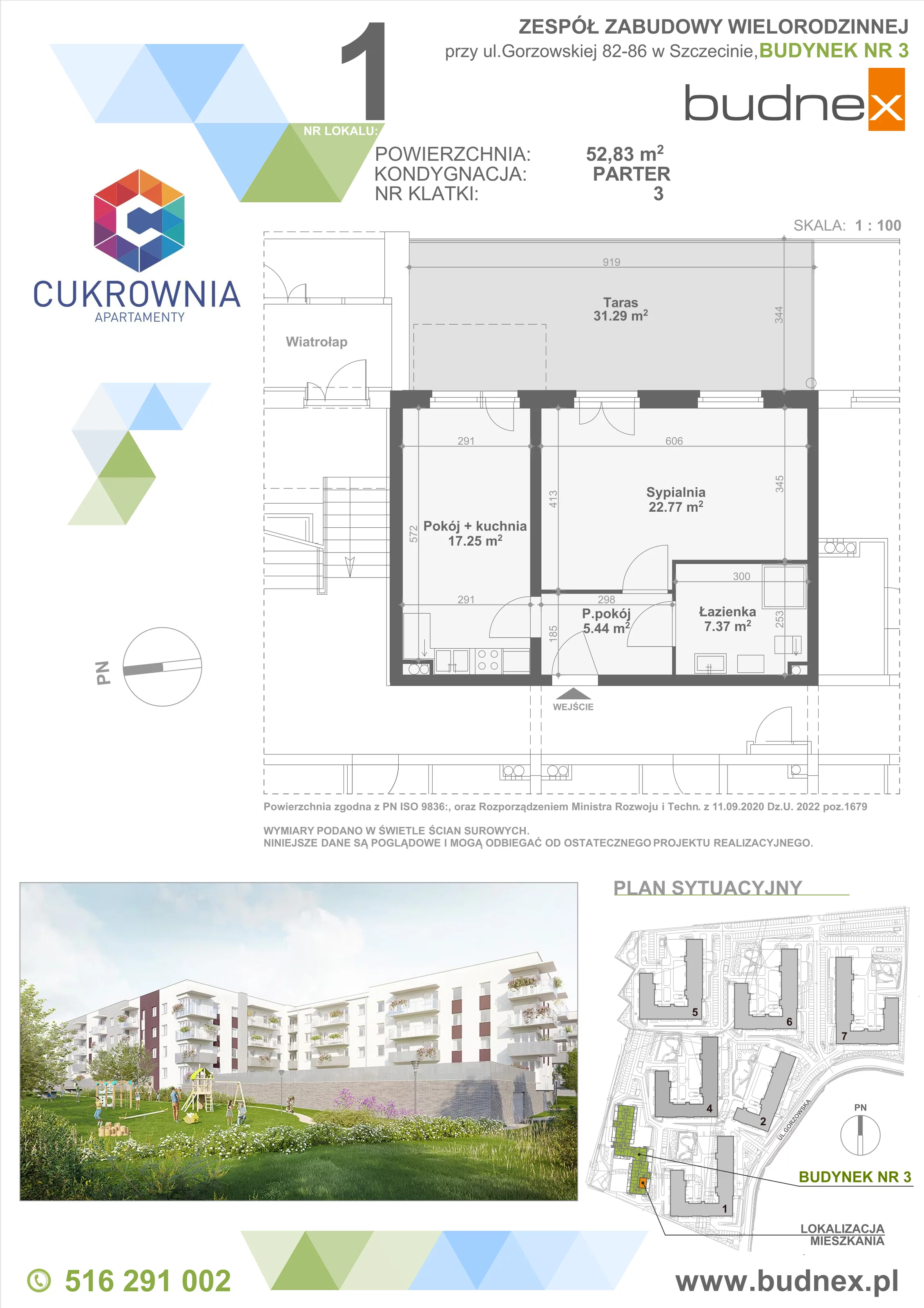 2 pokoje, mieszkanie 52,83 m², parter, oferta nr 3/M1, Cukrownia Apartamenty - Etap IV, Szczecin, Zachód, Gumieńce, ul. Floriana Krygiera