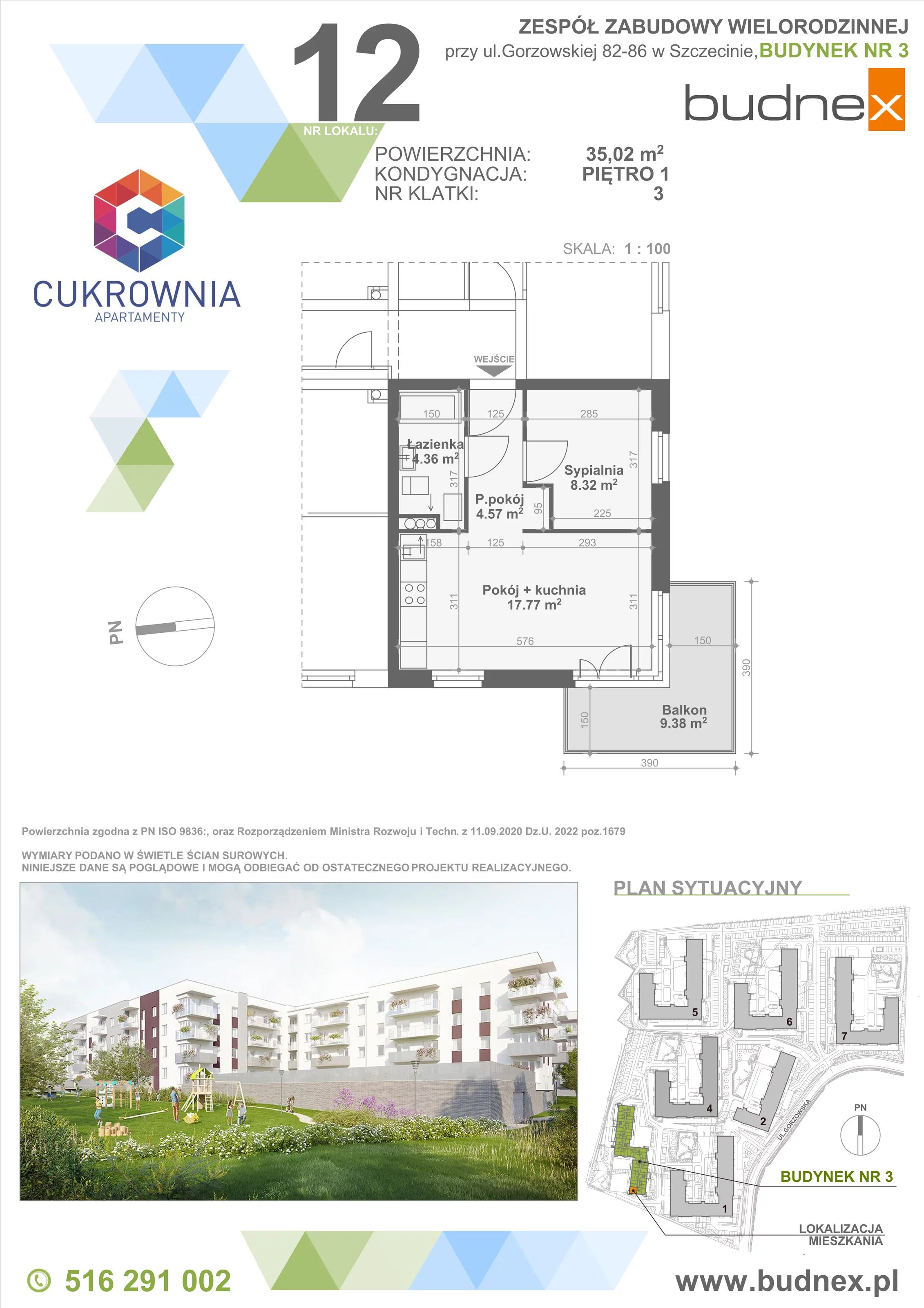 Mieszkanie 35,02 m², piętro 1, oferta nr 3/M12, Cukrownia Apartamenty - Etap IV, Szczecin, Zachód, Gumieńce, ul. Floriana Krygiera