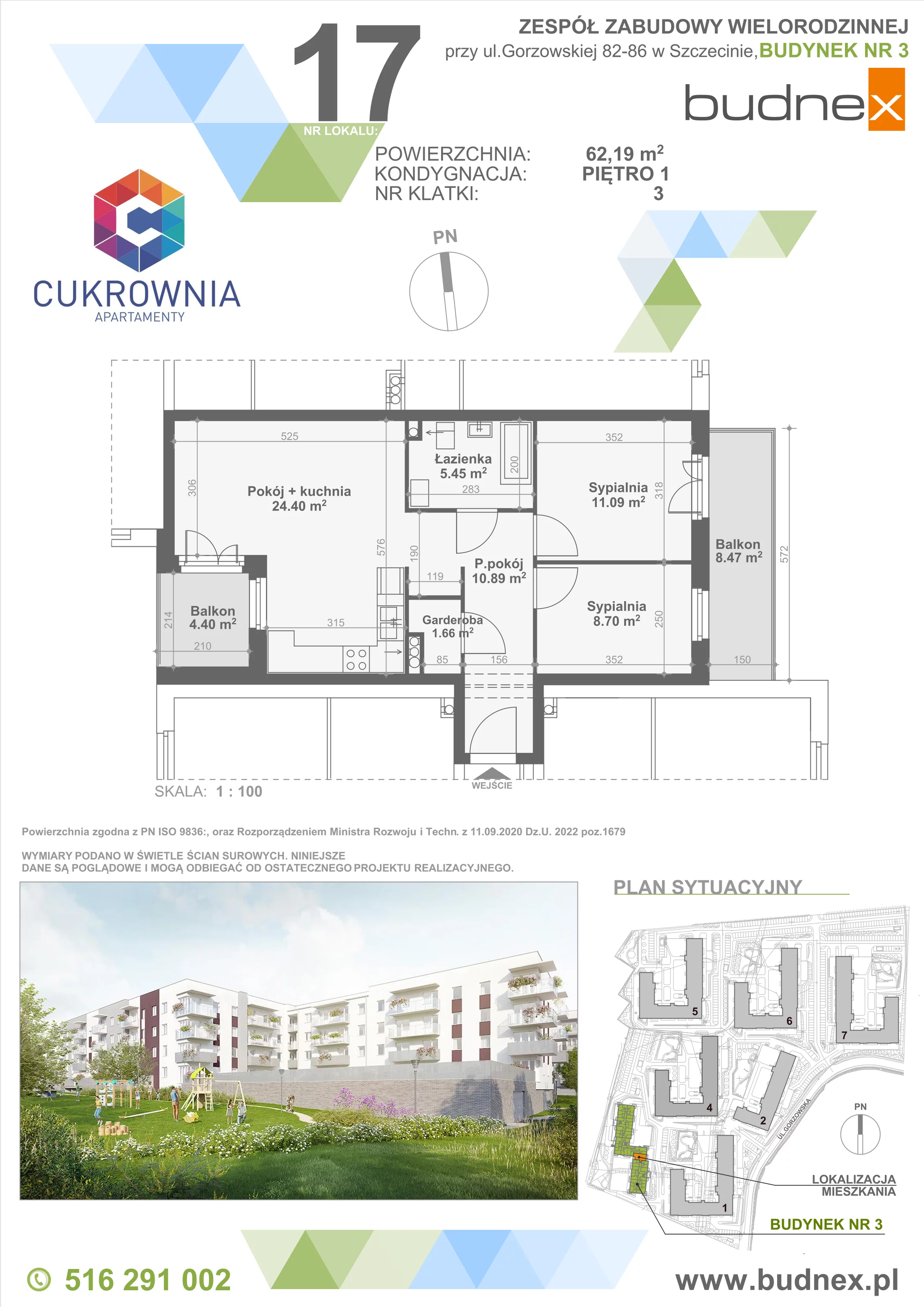 3 pokoje, mieszkanie 62,16 m², piętro 1, oferta nr 3/M17, Cukrownia Apartamenty - Etap IV, Szczecin, Zachód, Gumieńce, ul. Floriana Krygiera