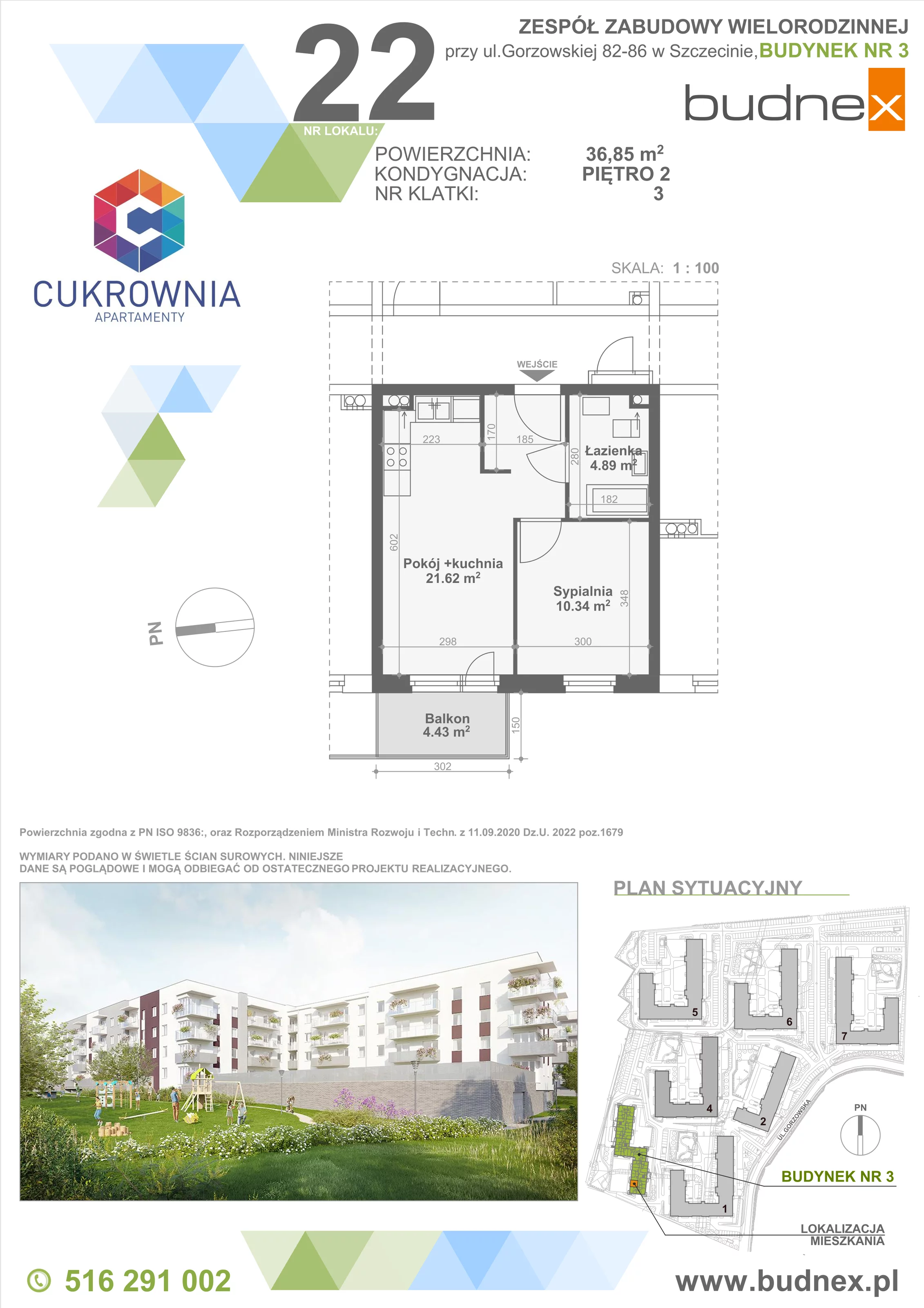 2 pokoje, mieszkanie 36,85 m², piętro 2, oferta nr 3/M22, Cukrownia Apartamenty - Etap IV, Szczecin, Zachód, Gumieńce, ul. Floriana Krygiera