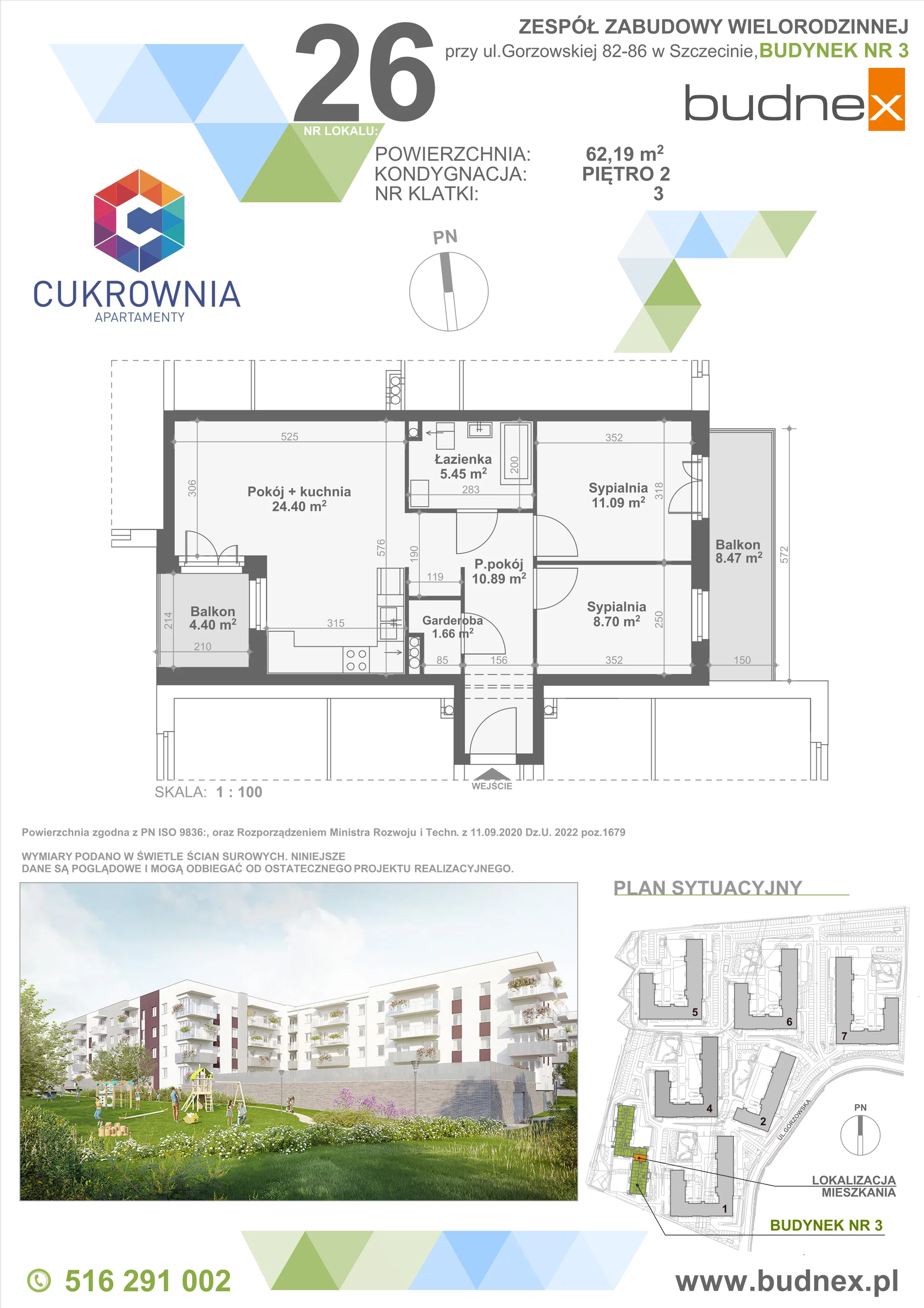 3 pokoje, mieszkanie 62,16 m², piętro 2, oferta nr 3/M26, Cukrownia Apartamenty - Etap IV, Szczecin, Zachód, Gumieńce, ul. Floriana Krygiera