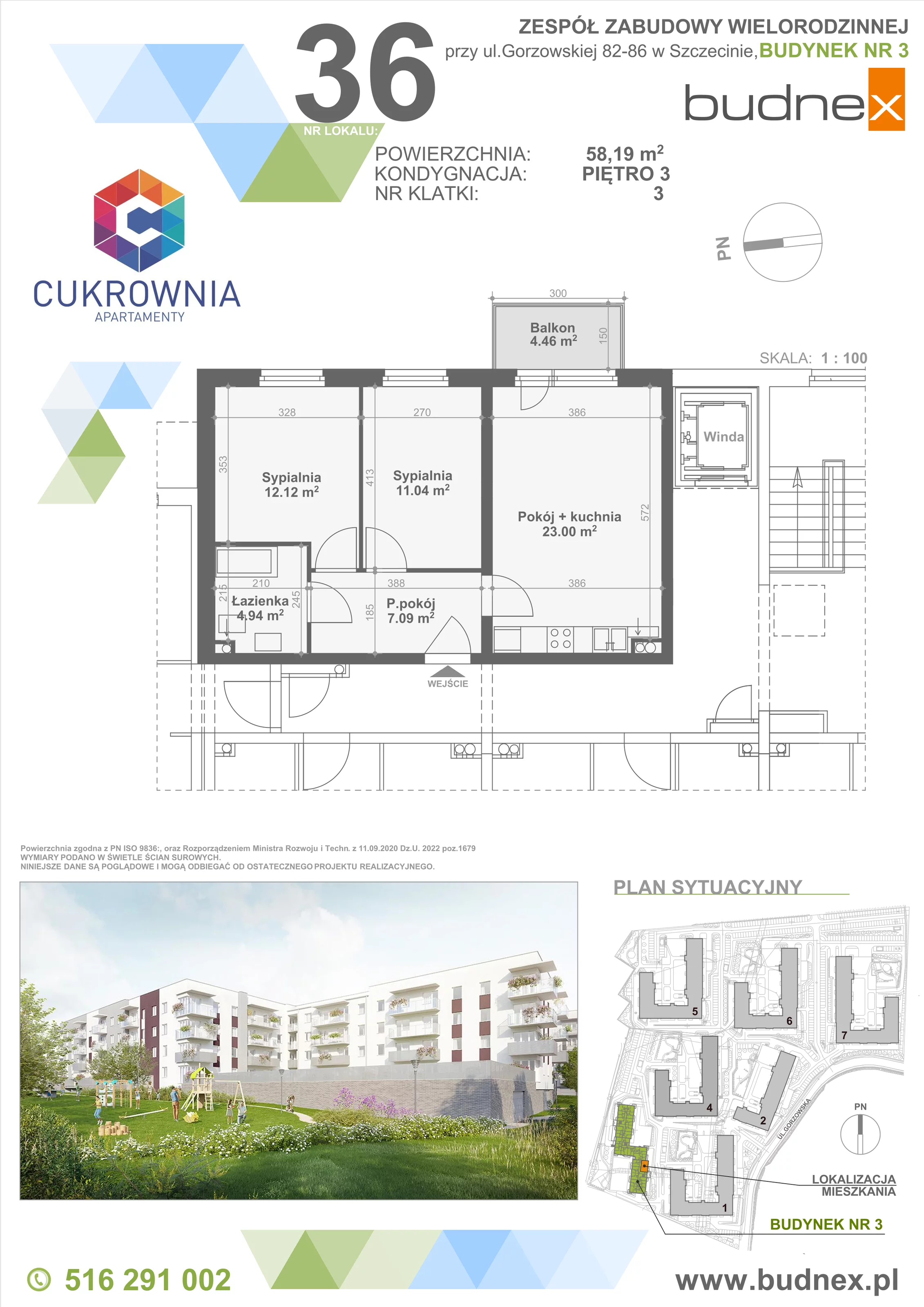 3 pokoje, mieszkanie 58,19 m², piętro 3, oferta nr 3/M36, Cukrownia Apartamenty - Etap IV, Szczecin, Zachód, Gumieńce, ul. Floriana Krygiera