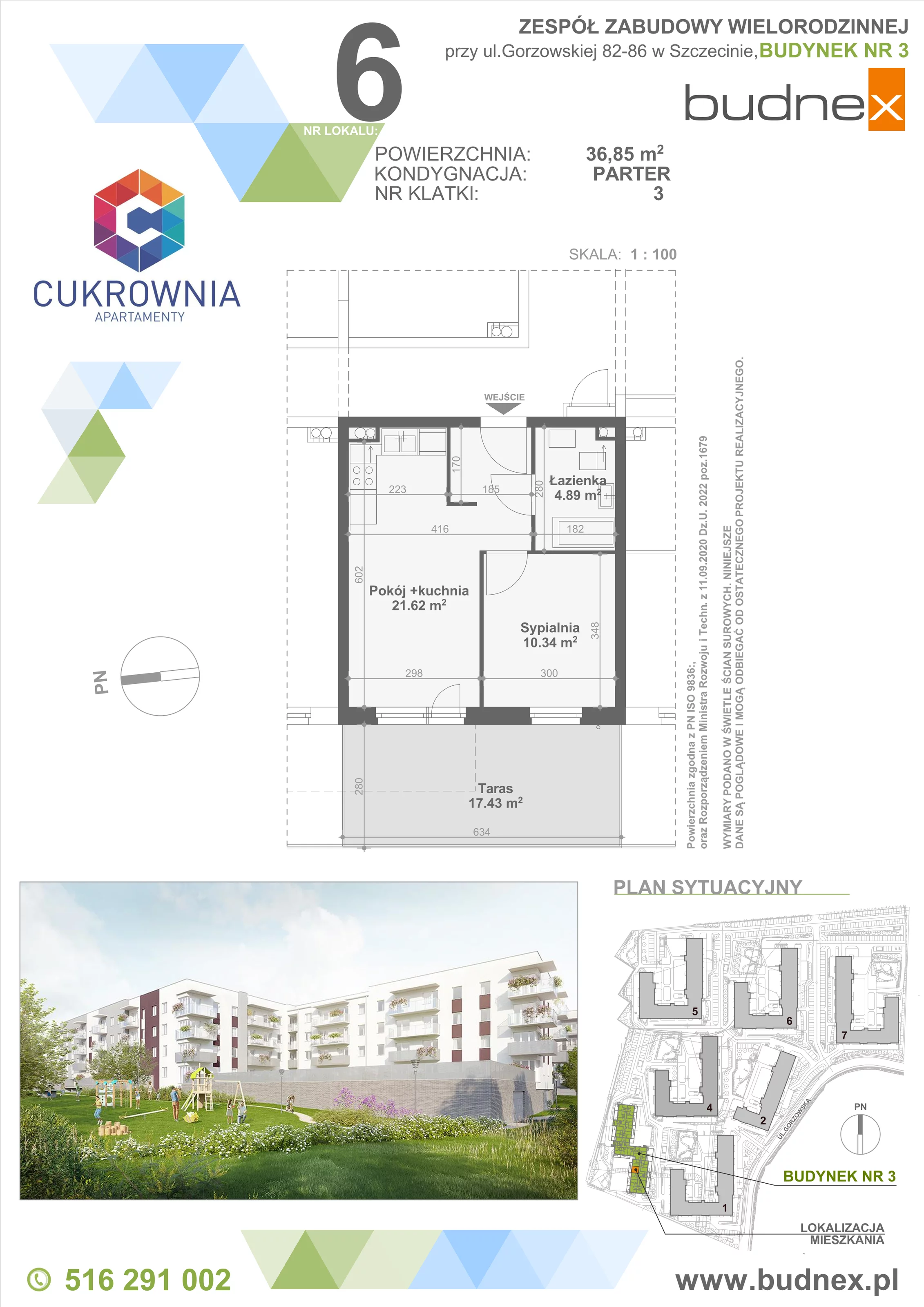 2 pokoje, mieszkanie 36,85 m², parter, oferta nr 3/M6, Cukrownia Apartamenty - Etap IV, Szczecin, Zachód, Gumieńce, ul. Floriana Krygiera