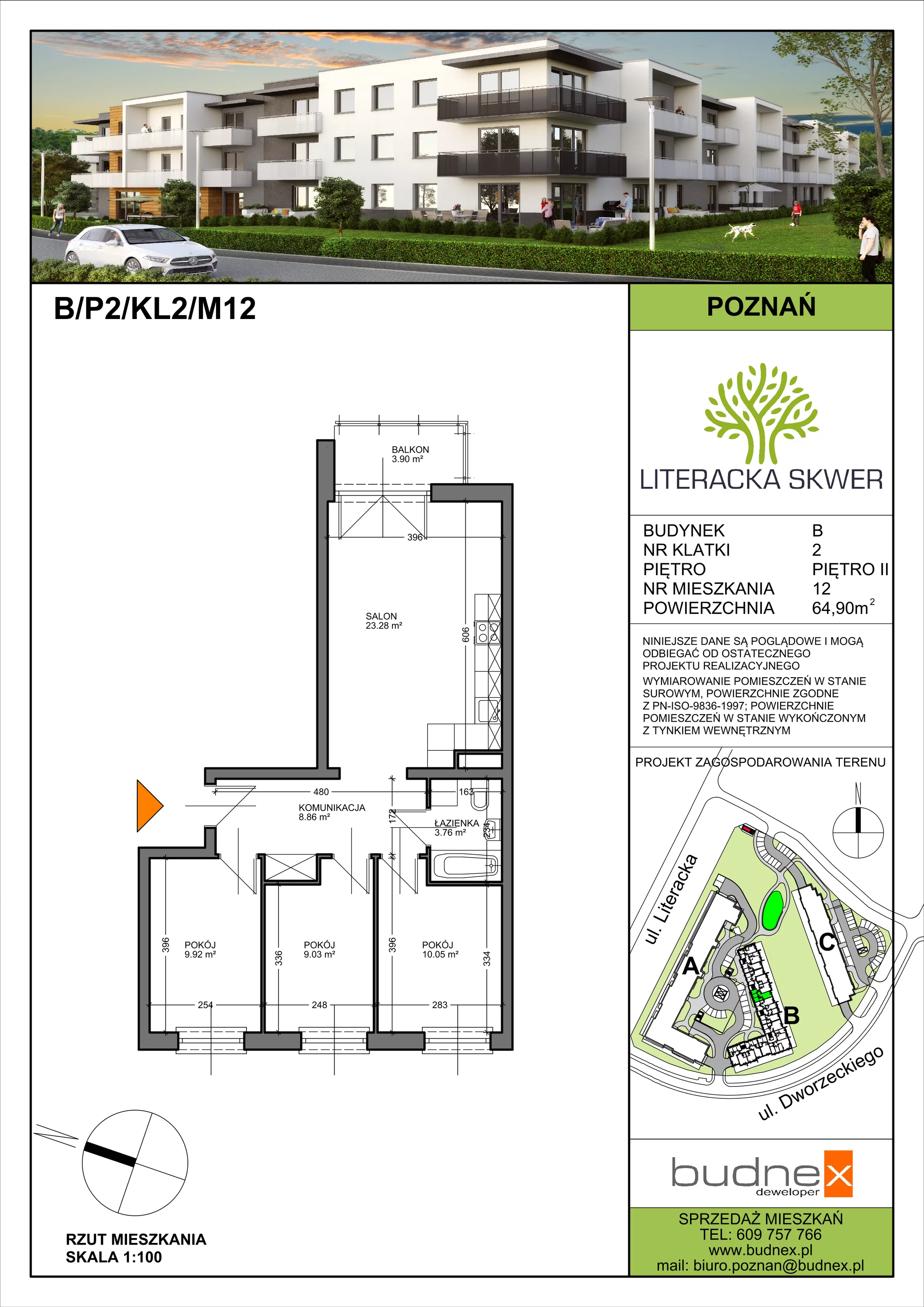 Mieszkanie 64,90 m², piętro 2, oferta nr 2/M12, Literacka Skwer - Etap B, Poznań, Strzeszyn, Strzeszyn, ul. Literacka