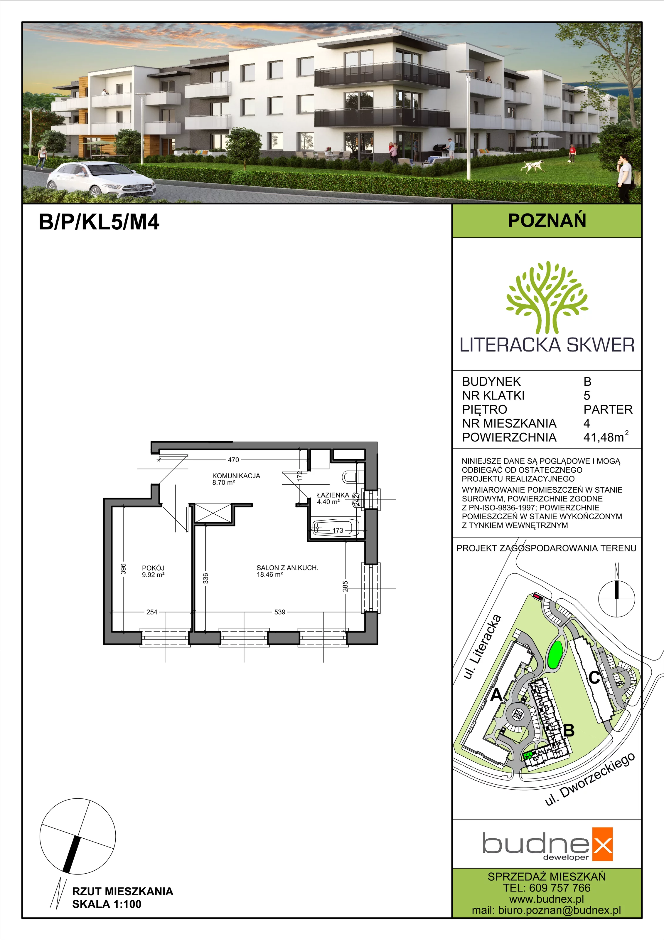 Mieszkanie 41,48 m², parter, oferta nr 5/M4, Literacka Skwer - Etap B, Poznań, Strzeszyn, Strzeszyn, ul. Literacka