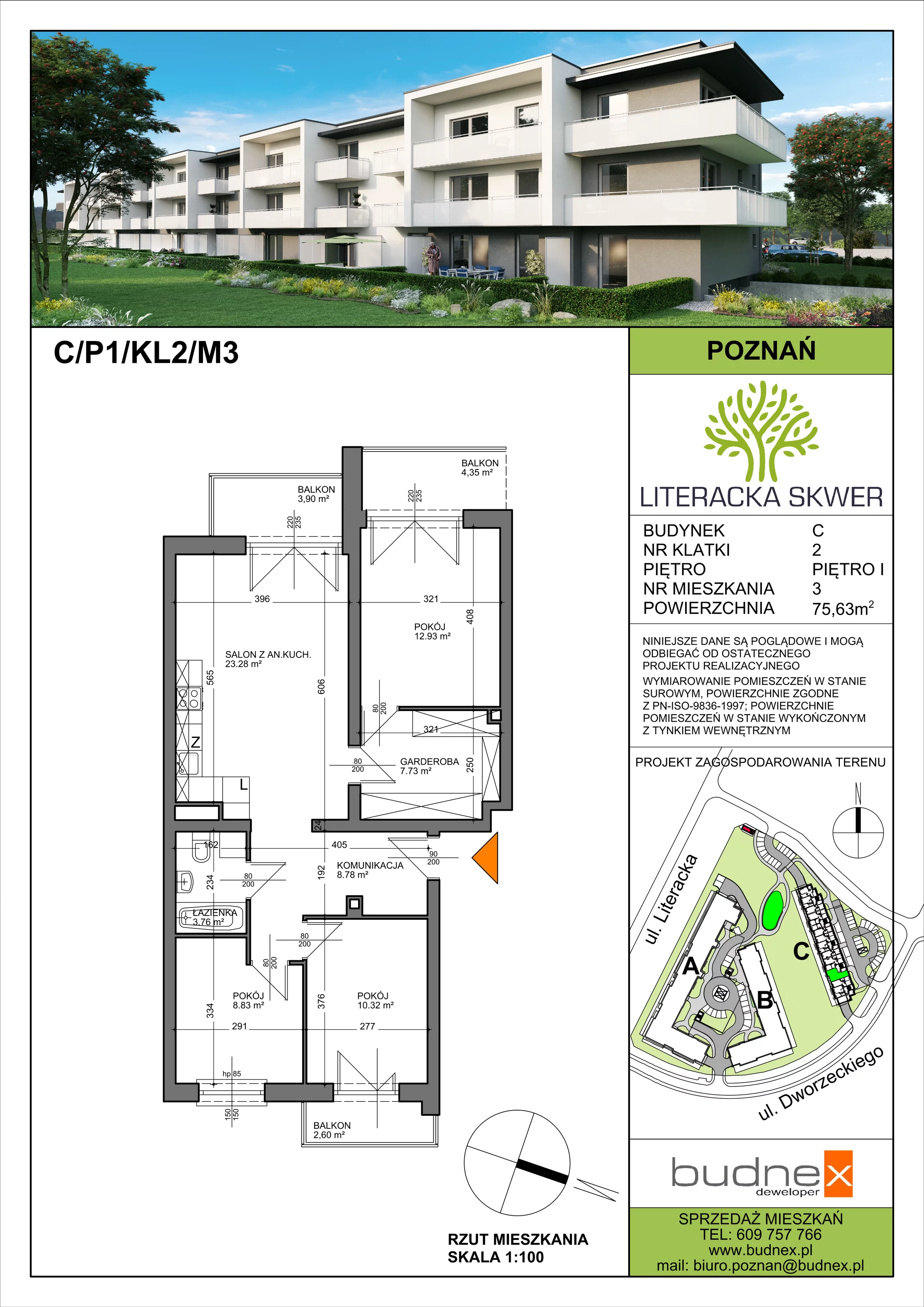 Mieszkanie 75,63 m², parter, oferta nr 2/M3, Literacka Skwer - etap C, Poznań, Strzeszyn, ul. Literacka