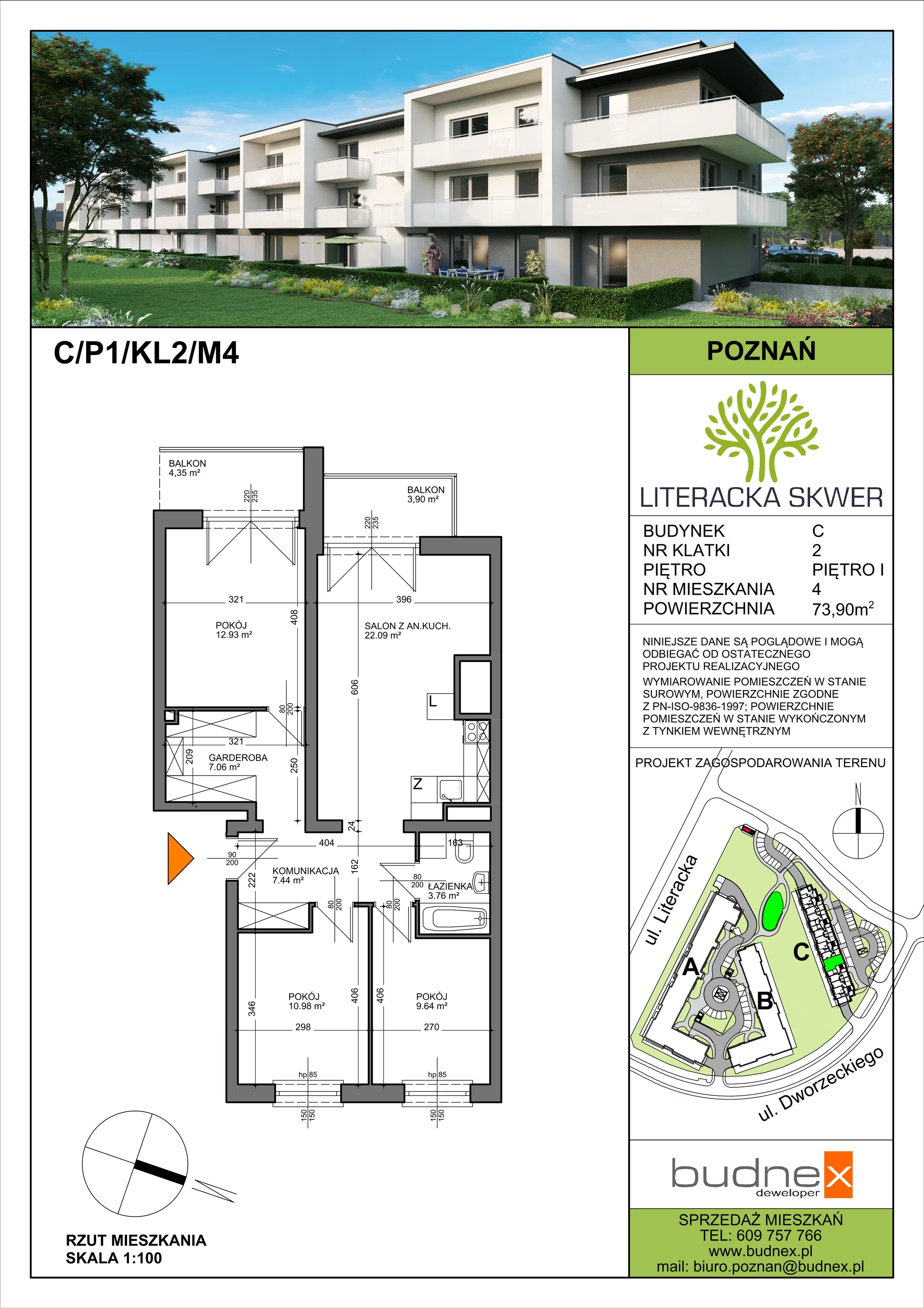 Mieszkanie 73,90 m², parter, oferta nr 2/M4, Literacka Skwer - etap C, Poznań, Strzeszyn, ul. Literacka