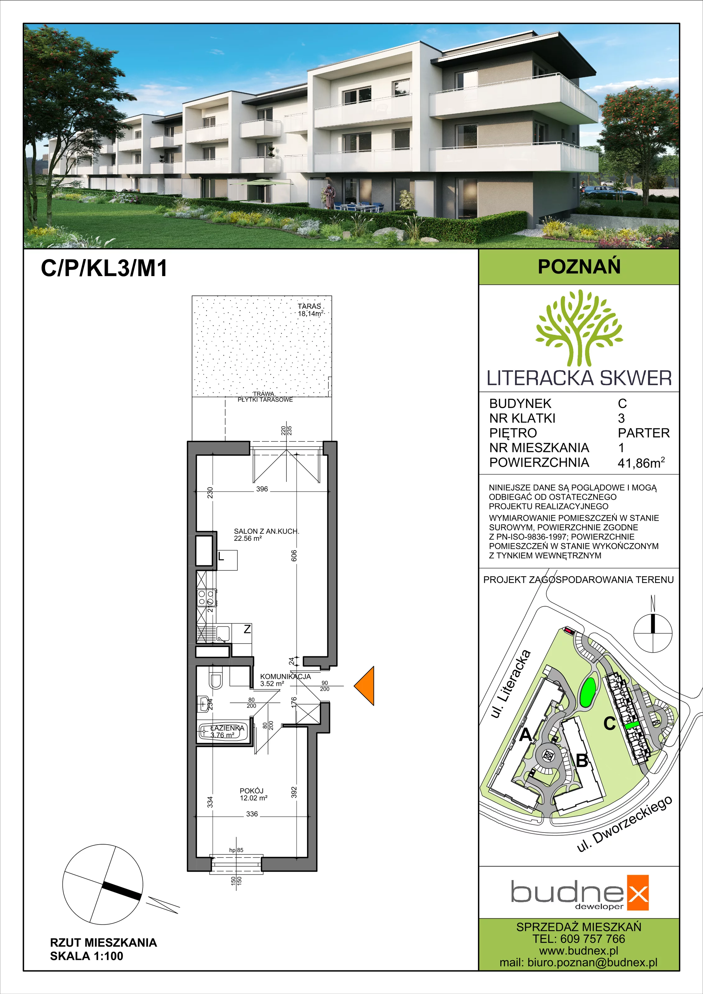 Mieszkanie 41,86 m², parter, oferta nr 3/M1, Literacka Skwer - etap C, Poznań, Strzeszyn, ul. Literacka