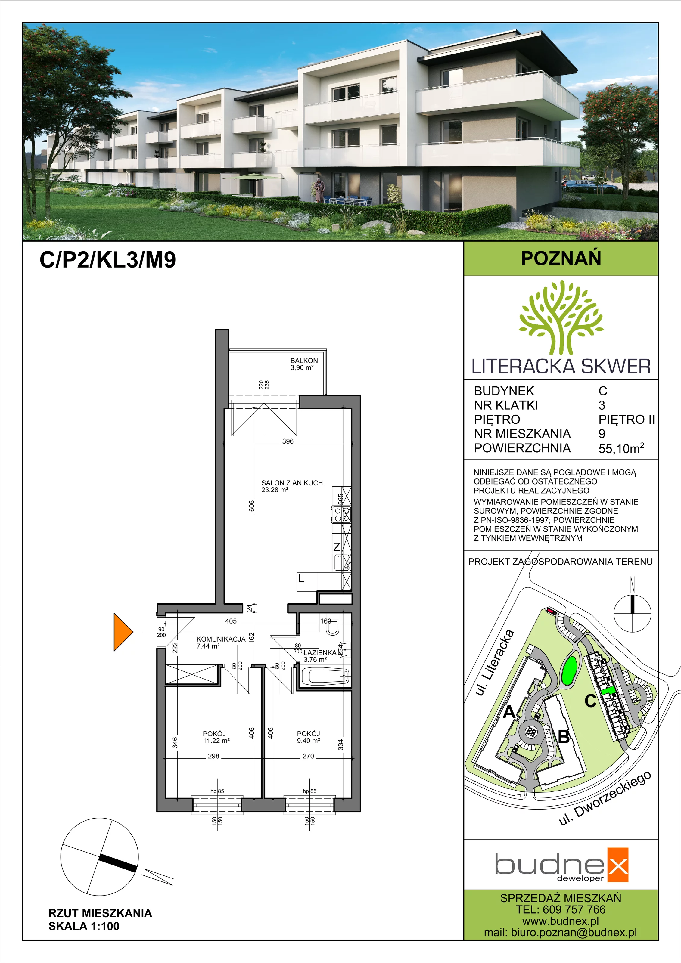 Mieszkanie 55,10 m², parter, oferta nr 3/M9, Literacka Skwer - etap C, Poznań, Strzeszyn, ul. Literacka