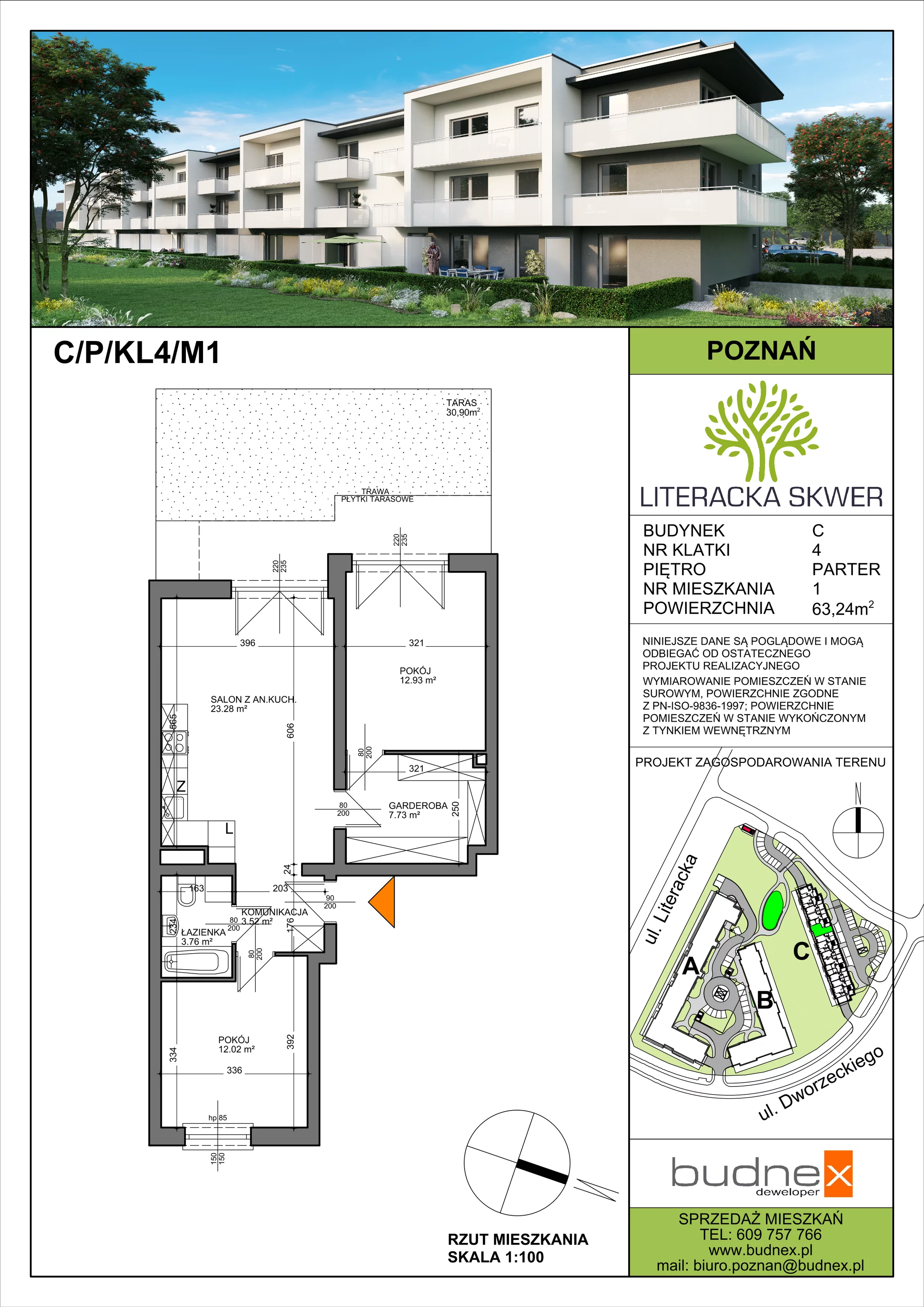 Mieszkanie 63,24 m², parter, oferta nr 4/M1, Literacka Skwer - etap C, Poznań, Strzeszyn, ul. Literacka