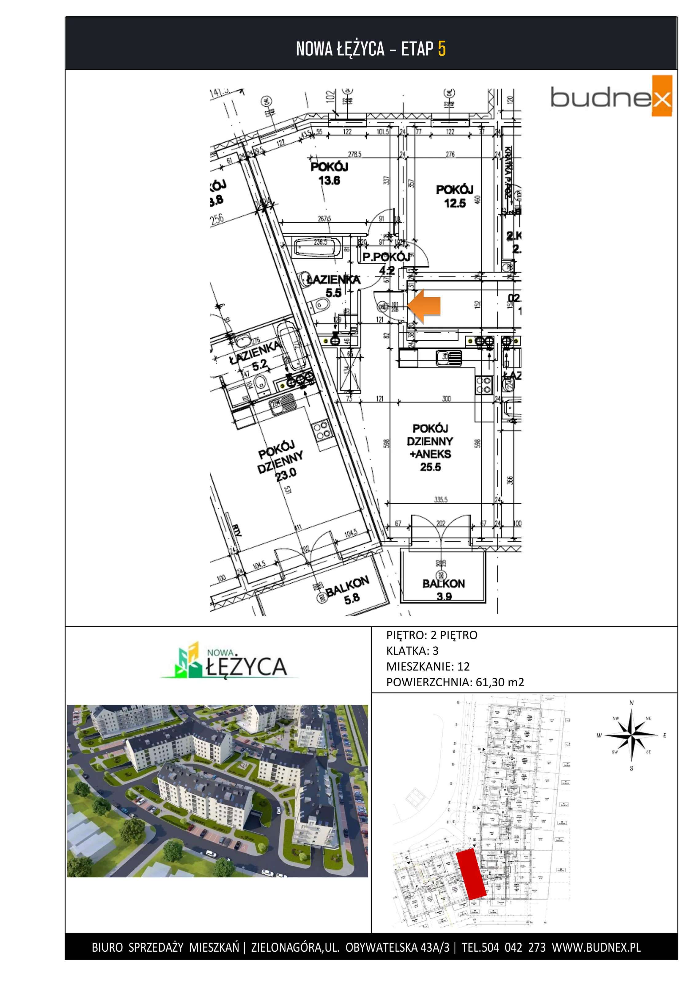 Mieszkanie 61,30 m², piętro 2, oferta nr 3/M12, Nowa Łężyca - Etap 5, Zielona Góra, Łężyca, ul. Łężyca Ceglana