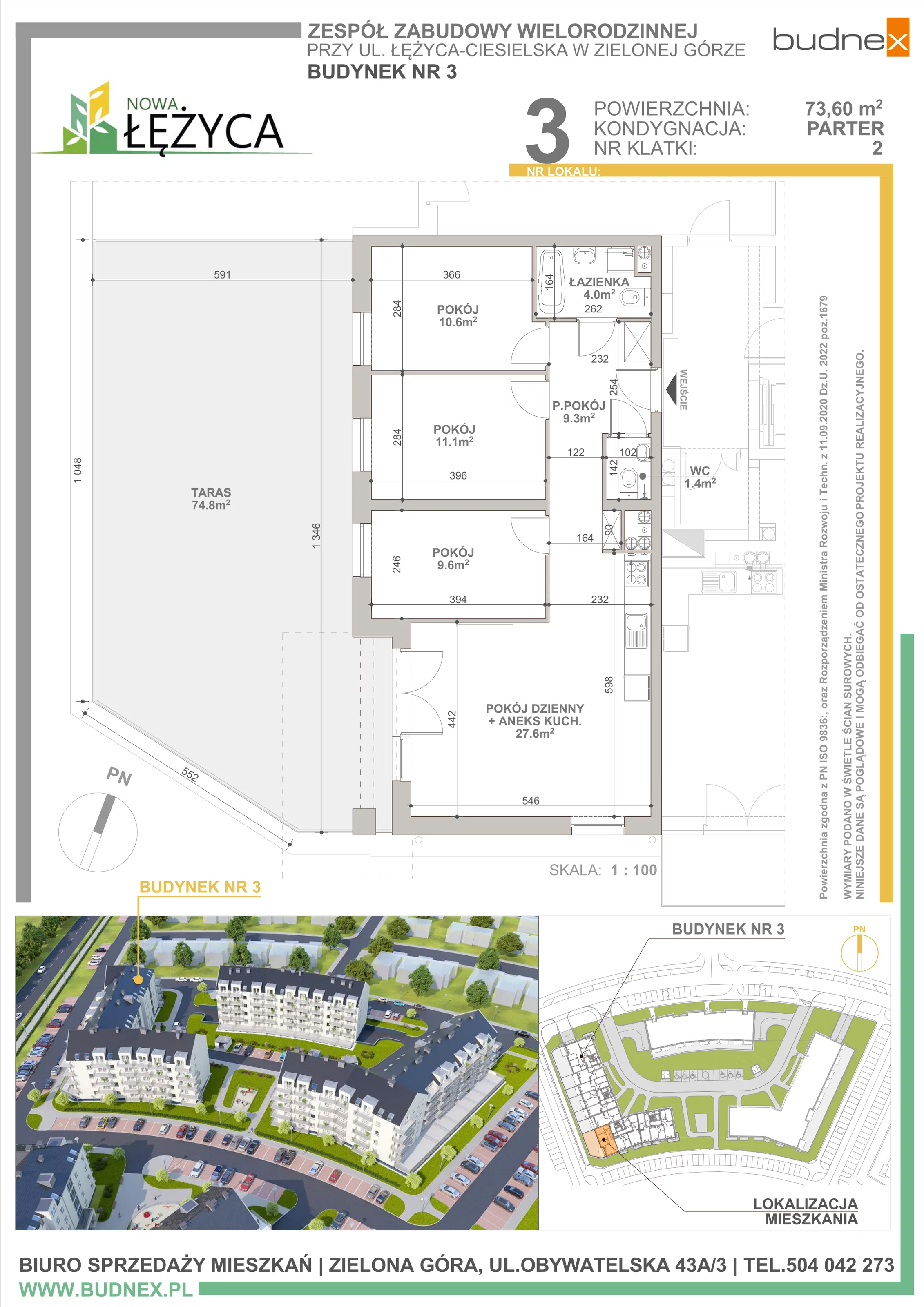 Mieszkanie 73,60 m², parter, oferta nr 2/M3, Nowa Łężyca - Etap 3, Zielona Góra, ul. Łężyca Ceglana