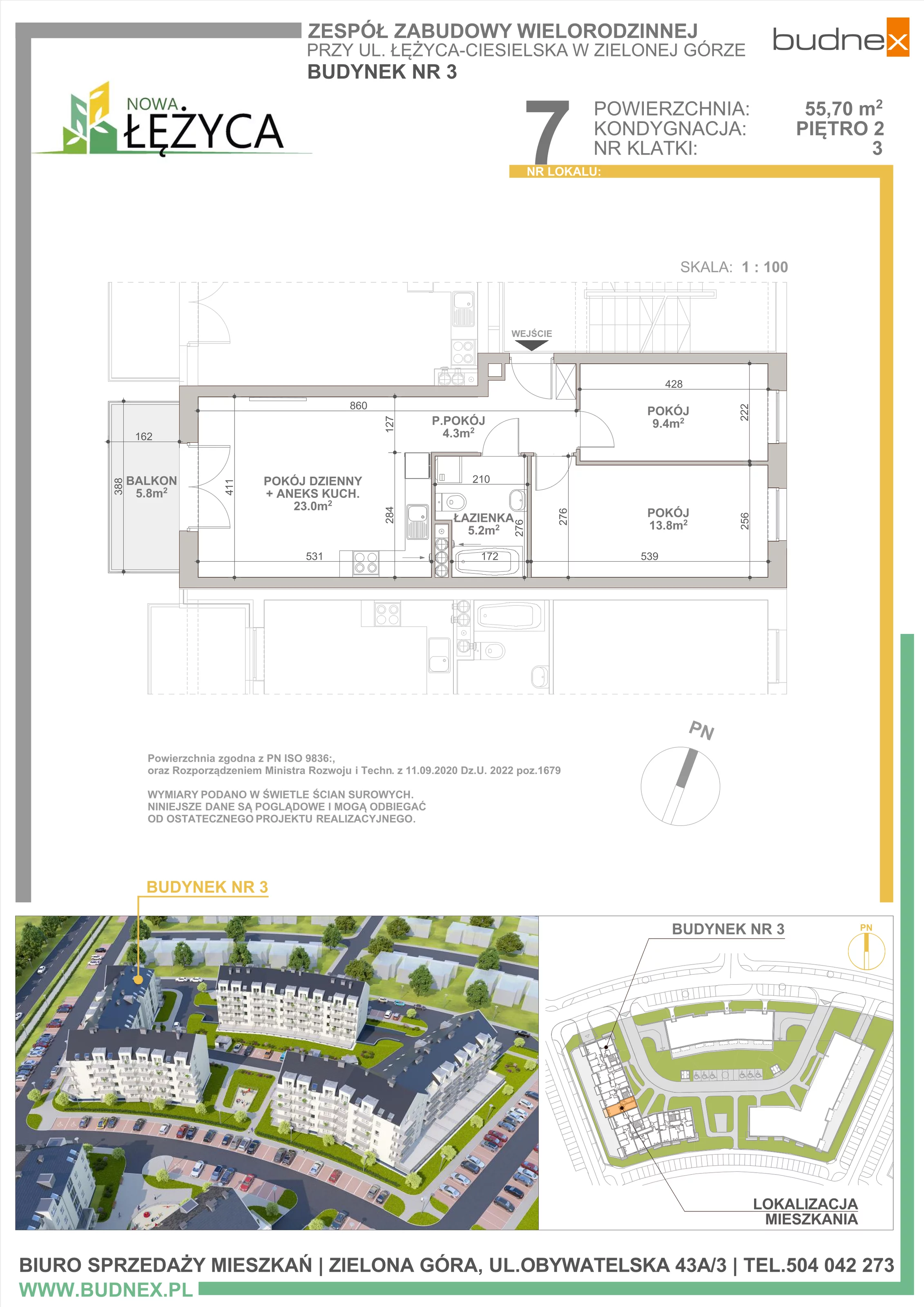 Mieszkanie 55,70 m², piętro 2, oferta nr 3/M7, Nowa Łężyca - Etap 3, Zielona Góra, ul. Łężyca Ceglana