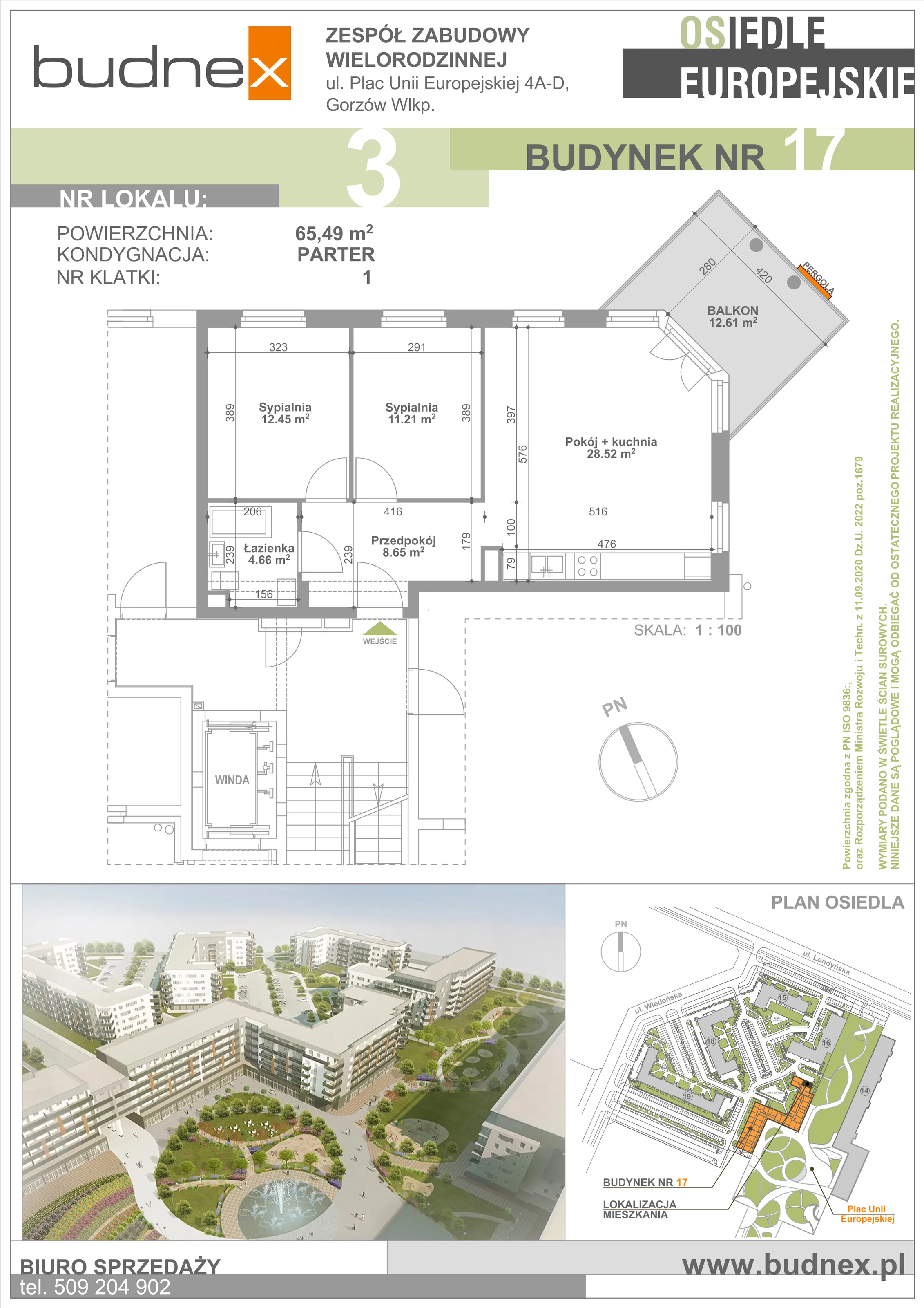 Mieszkanie 65,49 m², parter, oferta nr 1/M3, Osiedle Europejskie - Budynek 17, Gorzów Wielkopolski, Plac Unii Europejskiej 4A-D