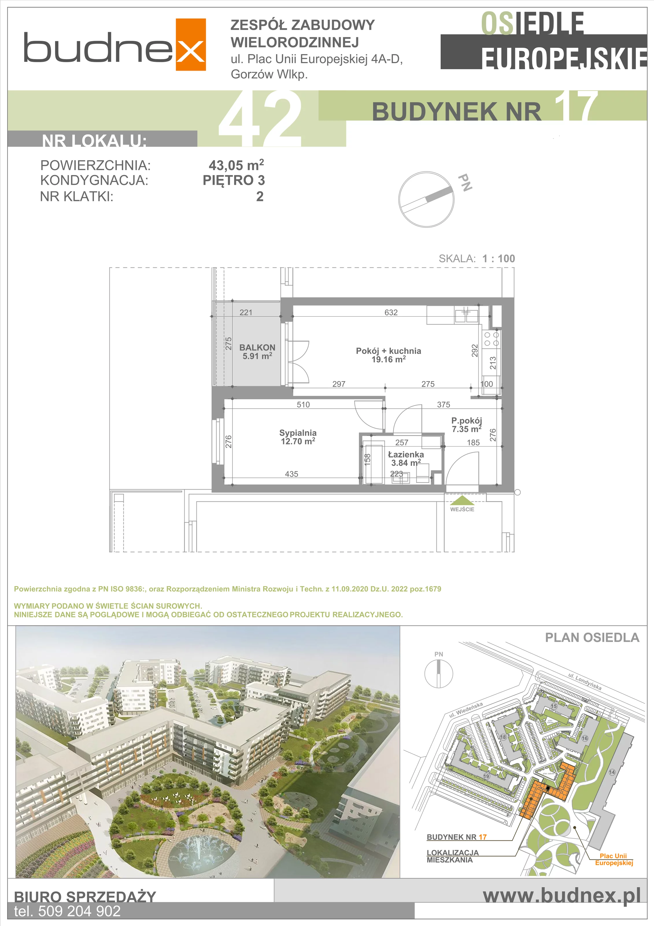 Mieszkanie 43,05 m², piętro 3, oferta nr 2/M42, Osiedle Europejskie - Budynek 17, Gorzów Wielkopolski, Plac Unii Europejskiej 4A-D