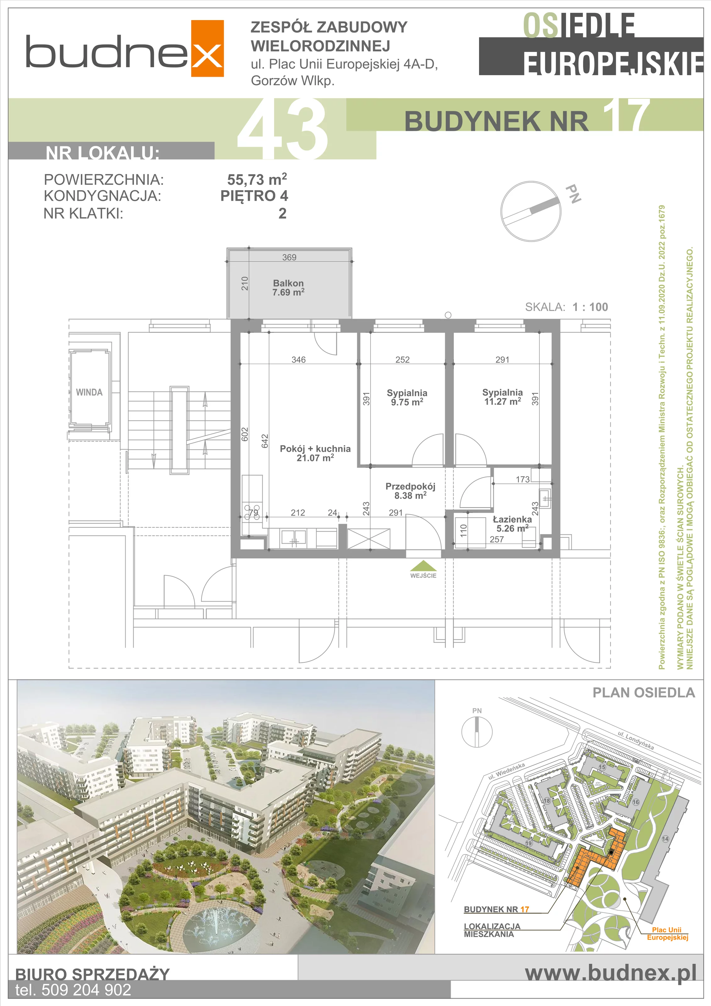 Mieszkanie 55,73 m², piętro 4, oferta nr 2/M43, Osiedle Europejskie - Budynek 17, Gorzów Wielkopolski, Plac Unii Europejskiej 4A-D