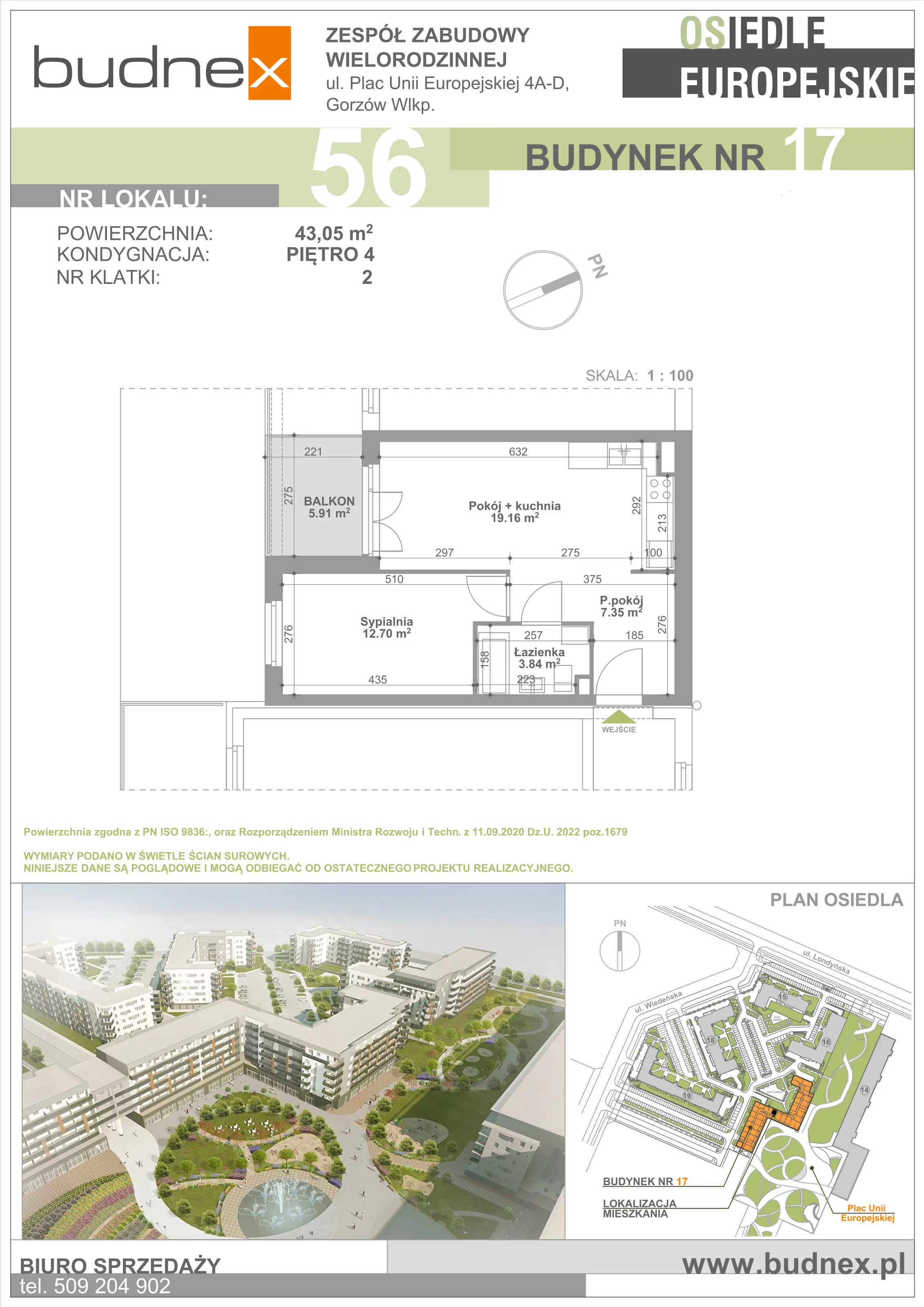 Mieszkanie 43,05 m², piętro 4, oferta nr 2/M56, Osiedle Europejskie - Budynek 17, Gorzów Wielkopolski, Plac Unii Europejskiej 4A-D