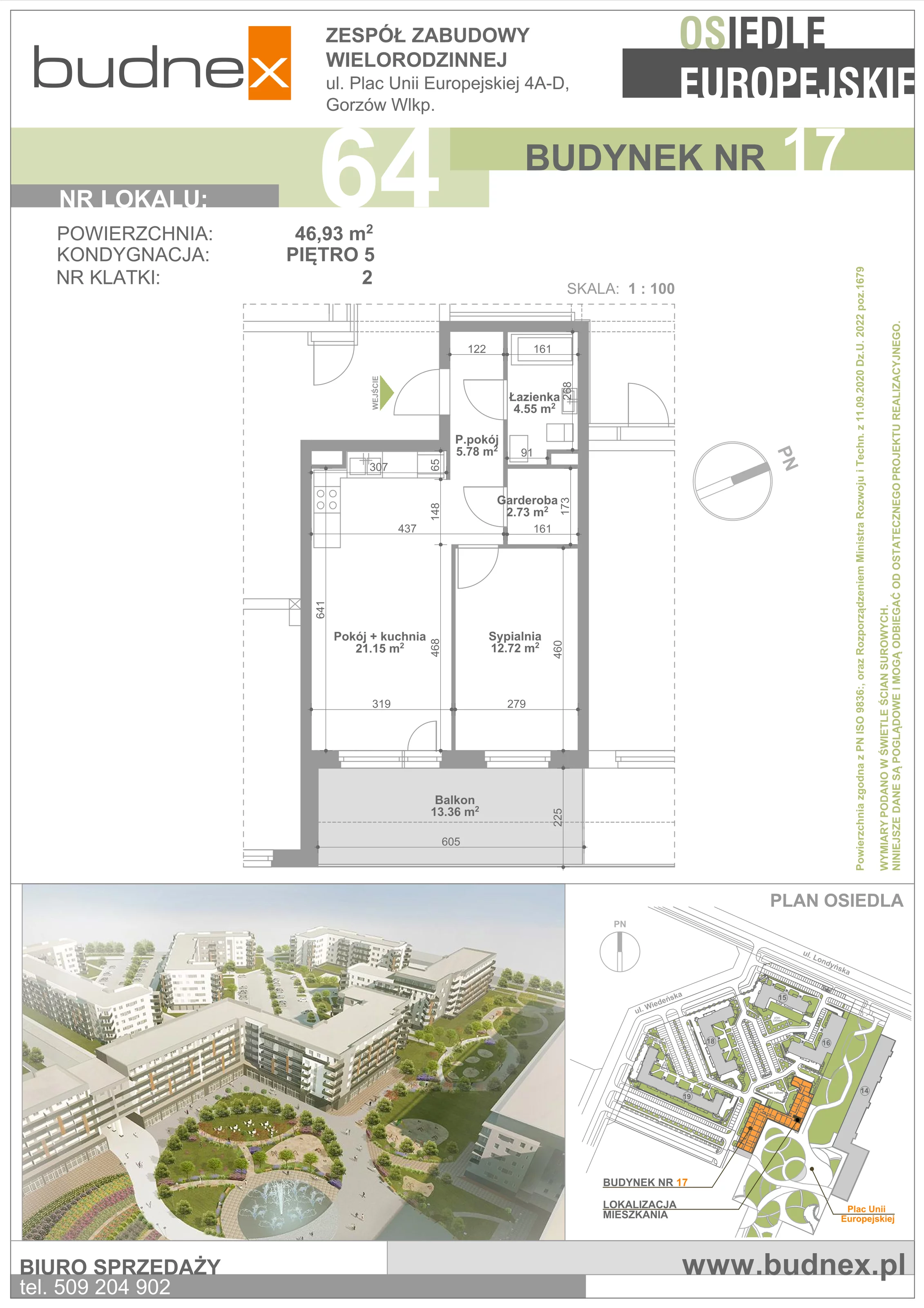 2 pokoje, mieszkanie 46,93 m², piętro 5, oferta nr 2/M64, Osiedle Europejskie - Budynek 17, Gorzów Wielkopolski, Plac Unii Europejskiej 4A-D