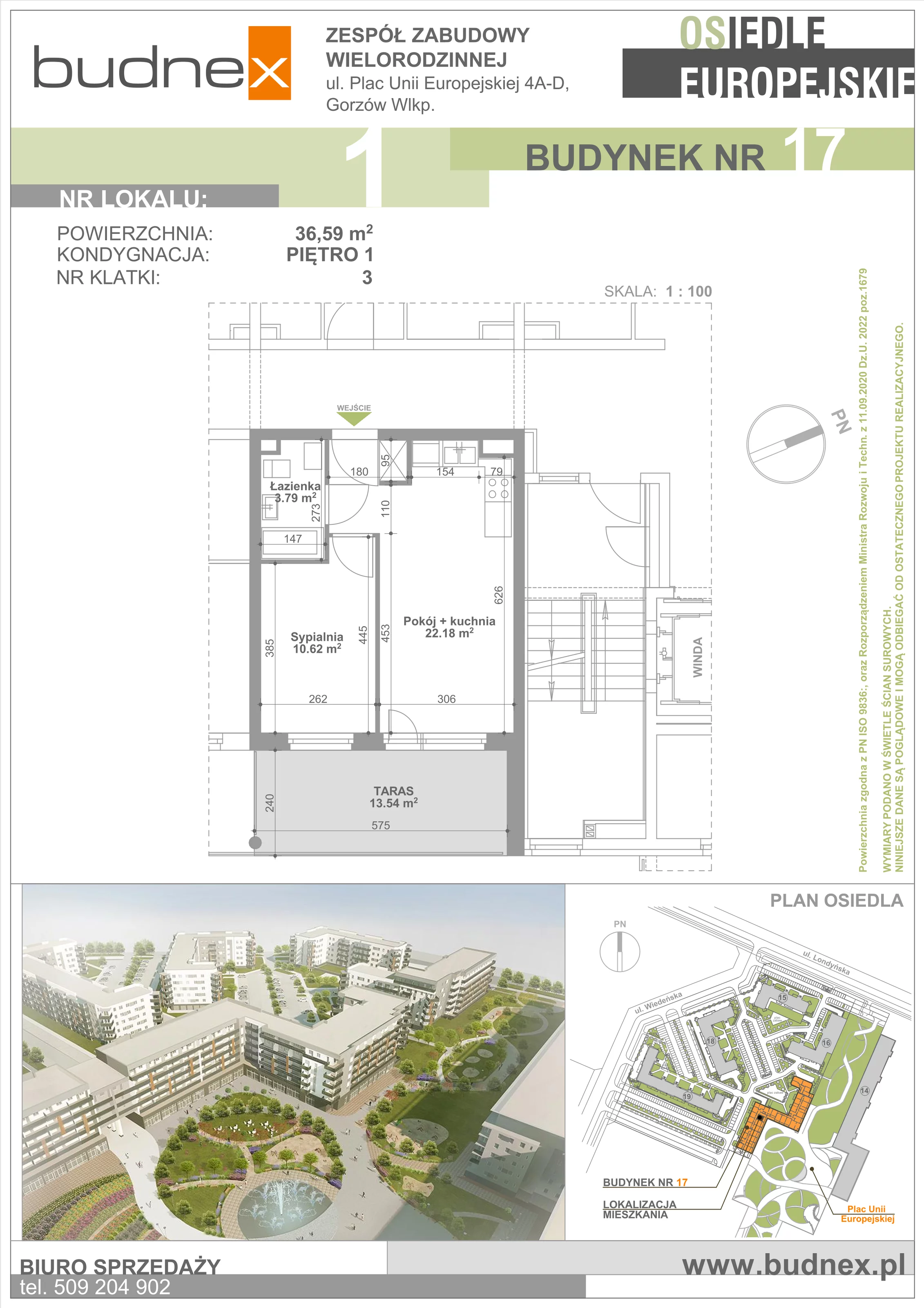 Mieszkanie 36,59 m², piętro 1, oferta nr 3/M1, Osiedle Europejskie - Budynek 17, Gorzów Wielkopolski, Plac Unii Europejskiej 4A-D