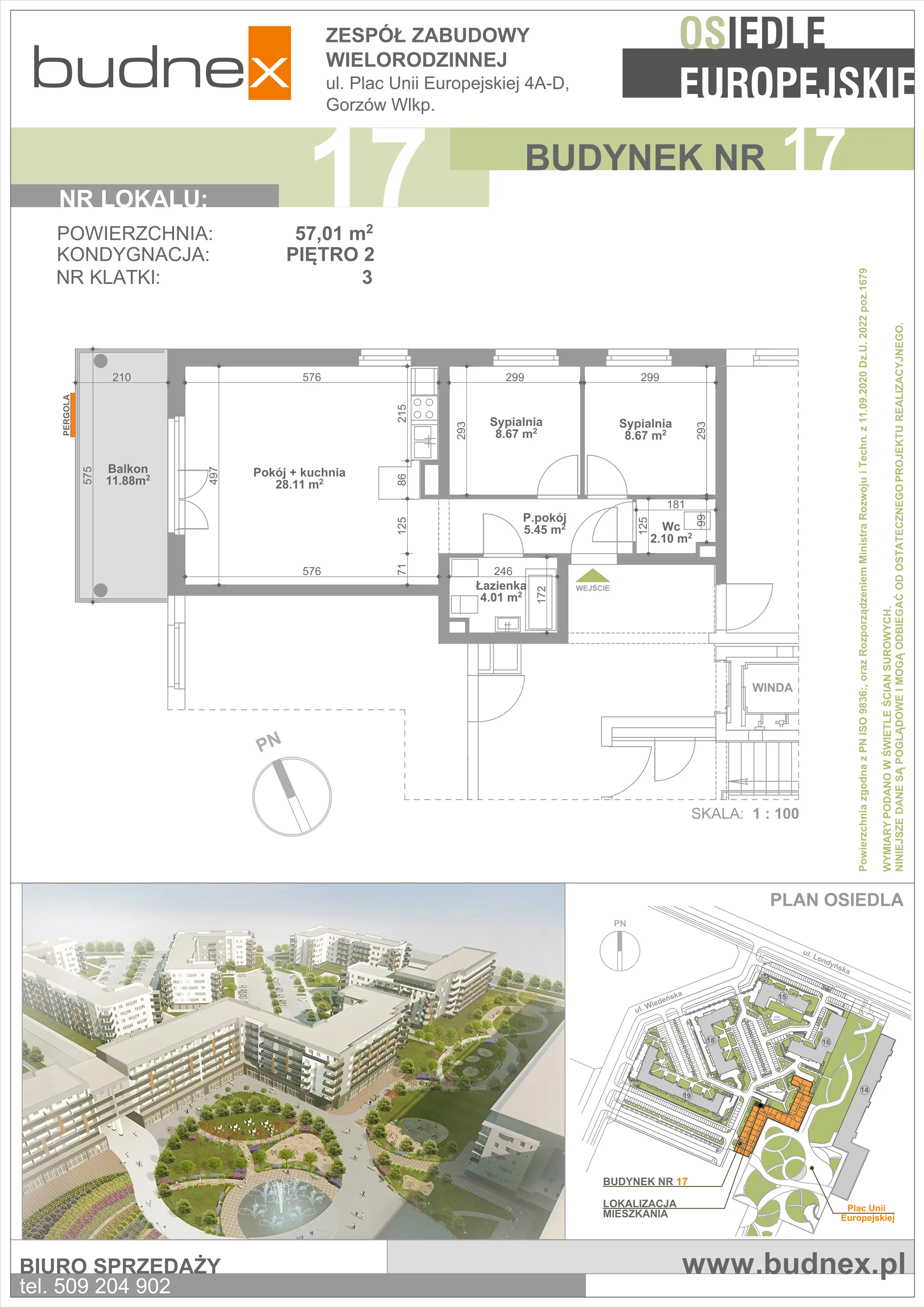 Mieszkanie 57,01 m², piętro 2, oferta nr 3/M17, Osiedle Europejskie - Budynek 17, Gorzów Wielkopolski, Plac Unii Europejskiej 4A-D