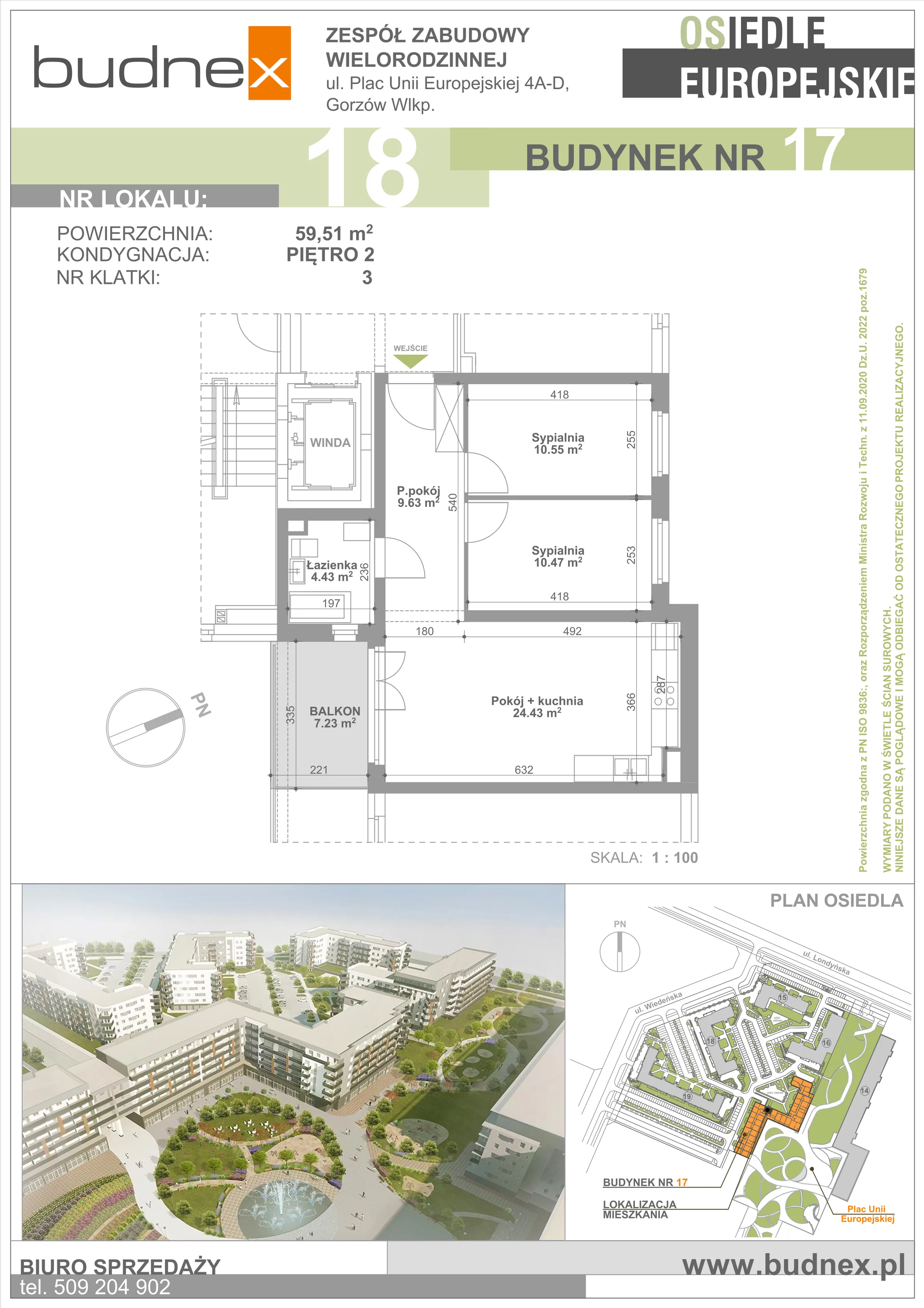 Mieszkanie 59,51 m², piętro 2, oferta nr 3/M18, Osiedle Europejskie - Budynek 17, Gorzów Wielkopolski, Plac Unii Europejskiej 4A-D