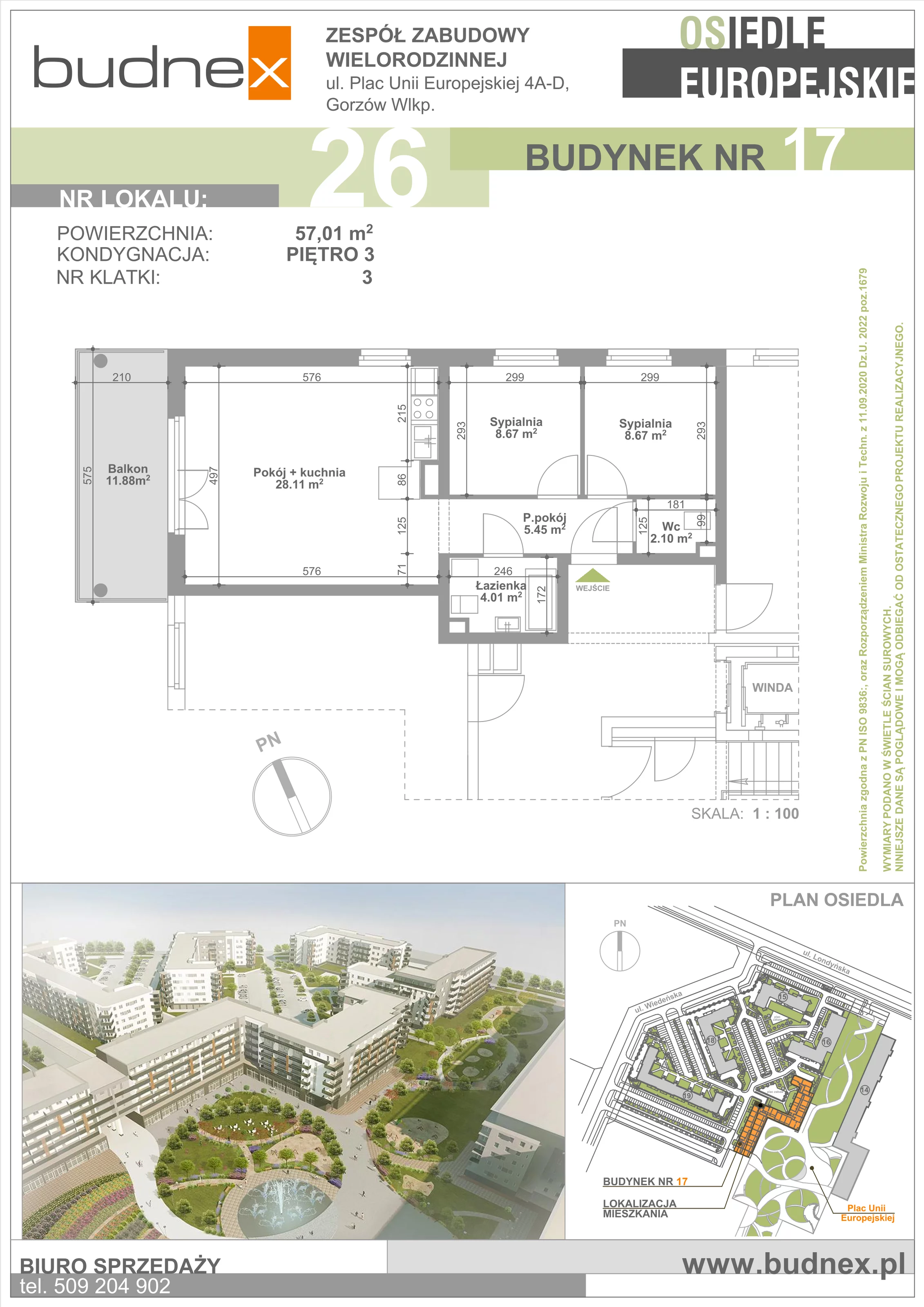 Mieszkanie 57,01 m², piętro 3, oferta nr 3/M26, Osiedle Europejskie - Budynek 17, Gorzów Wielkopolski, Plac Unii Europejskiej 4A-D