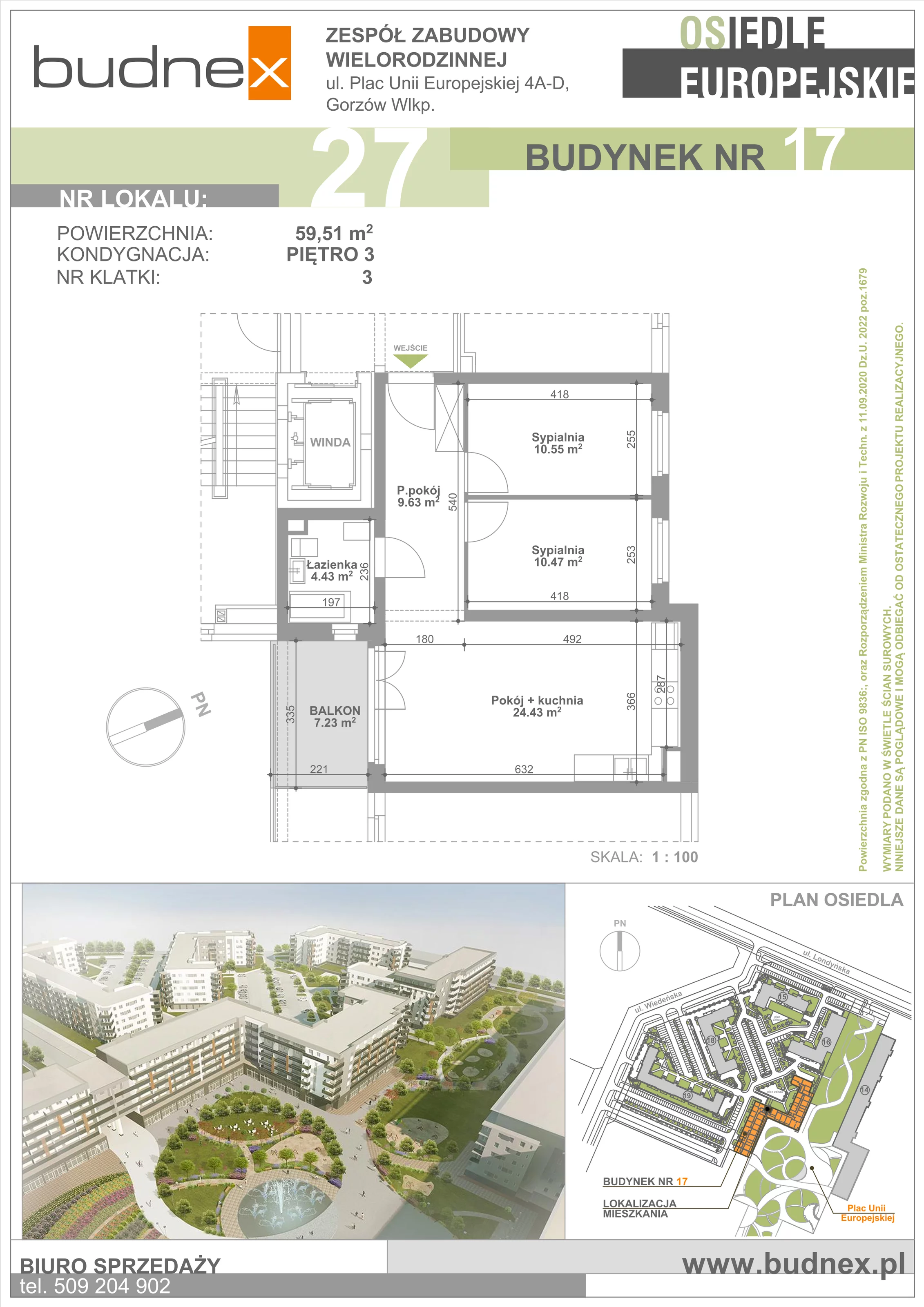 3 pokoje, mieszkanie 59,51 m², piętro 3, oferta nr 3/M27, Osiedle Europejskie - Budynek 17, Gorzów Wielkopolski, Plac Unii Europejskiej 4A-D