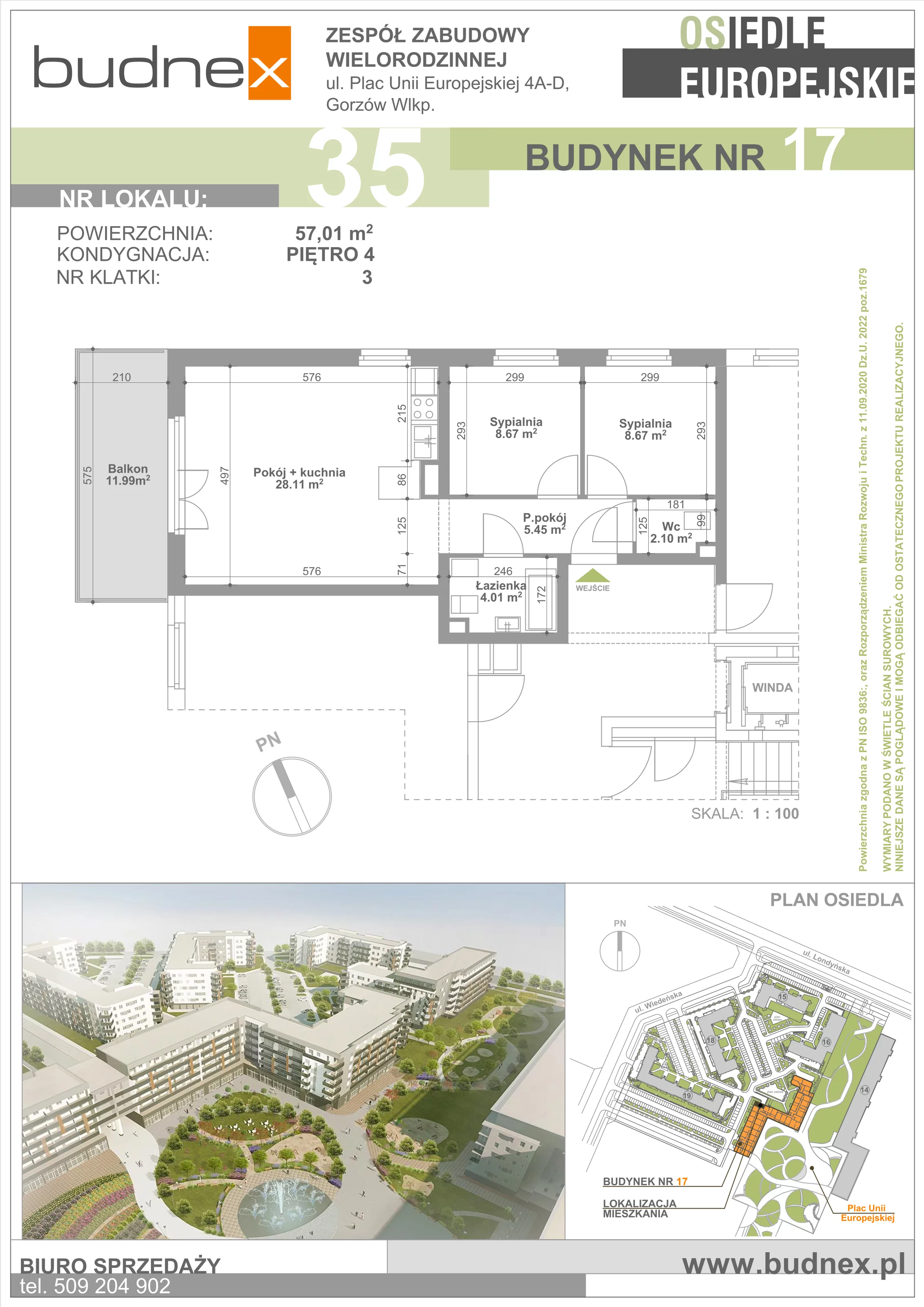Mieszkanie 57,01 m², piętro 4, oferta nr 3/M35, Osiedle Europejskie - Budynek 17, Gorzów Wielkopolski, Plac Unii Europejskiej 4A-D