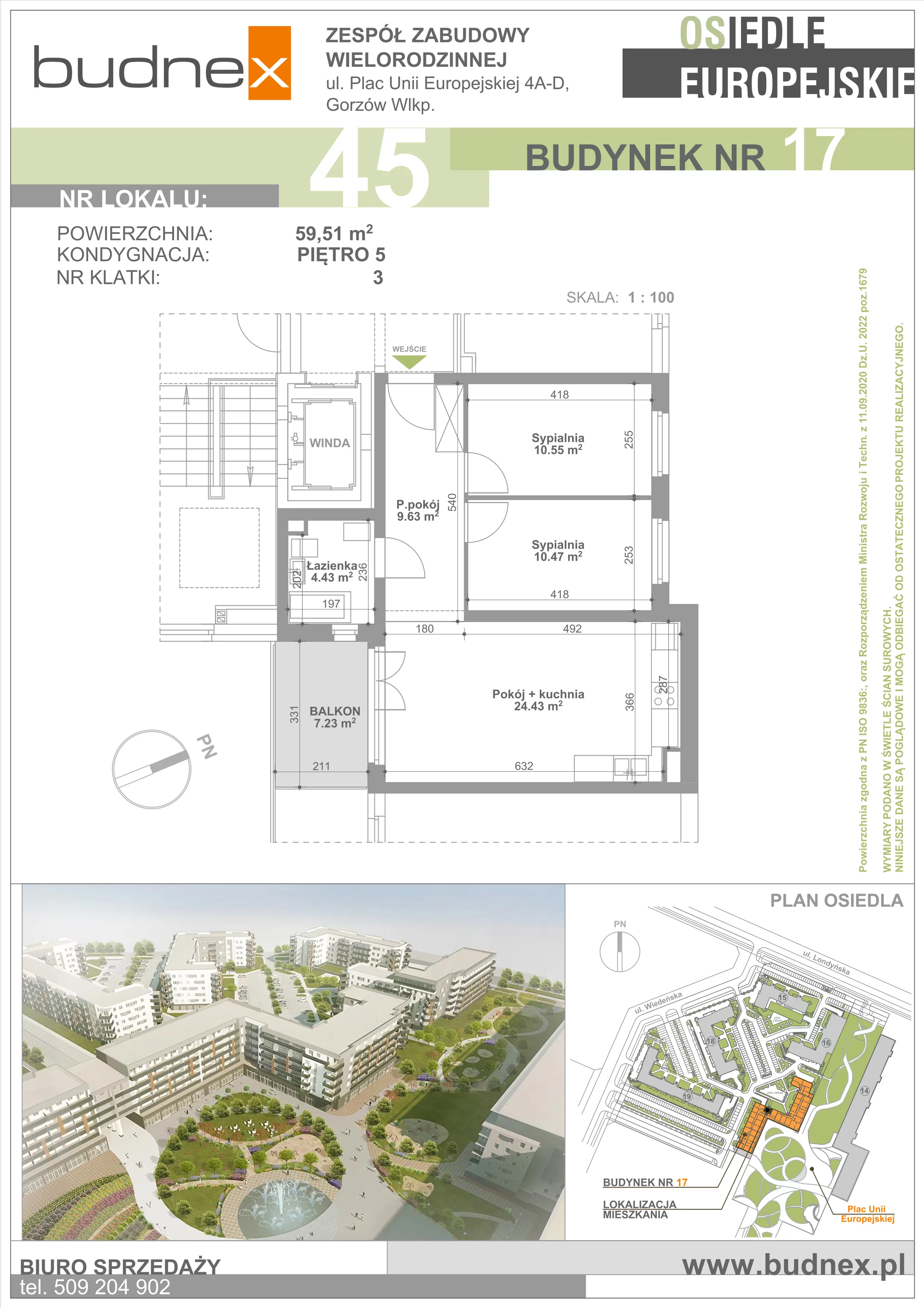 3 pokoje, mieszkanie 59,51 m², piętro 5, oferta nr 3/M45, Osiedle Europejskie - Budynek 17, Gorzów Wielkopolski, Plac Unii Europejskiej 4A-D