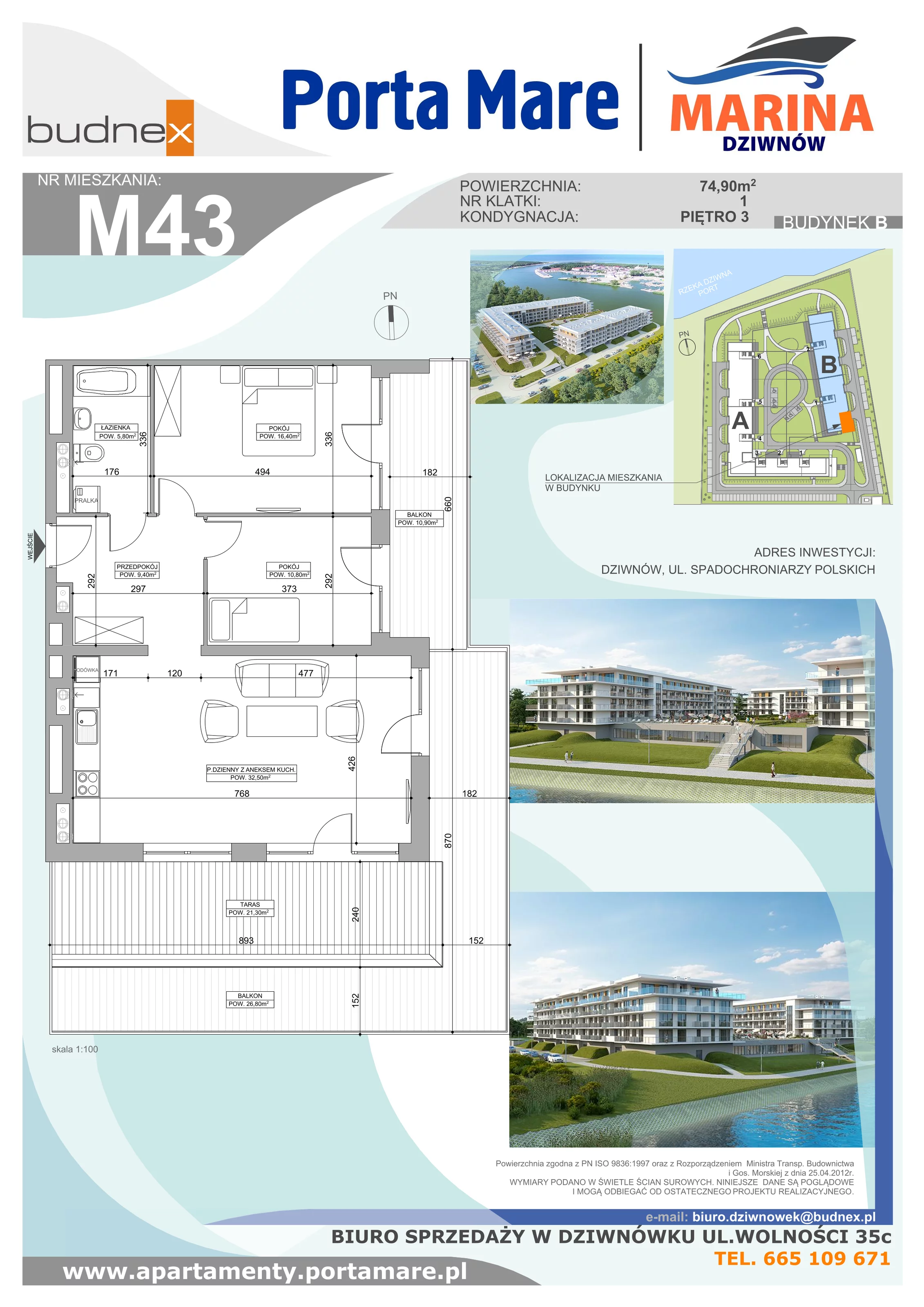 3 pokoje, apartament 74,90 m², piętro 3, oferta nr B.1.M43, Porta Mare MARINA Dziwnów, Dziwnów, ul. Spadochroniarzy Polskich 10